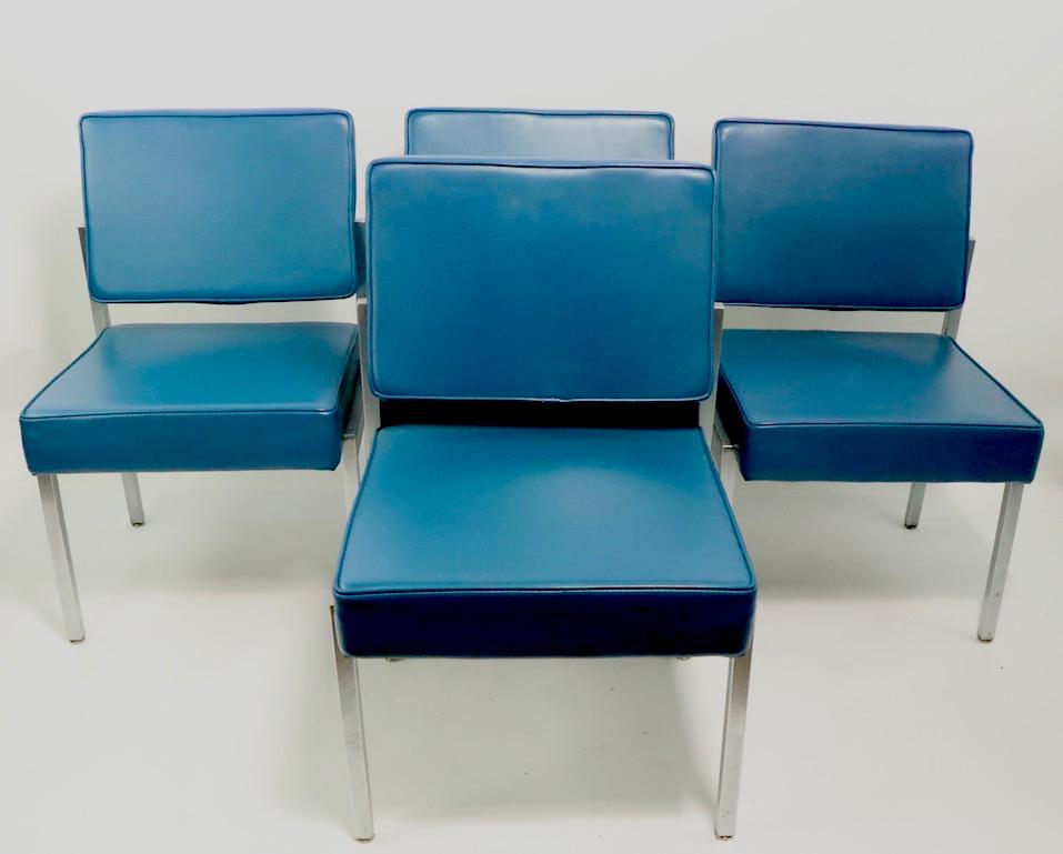 Set of 4 EMECO Dining Chairs with Steel Frames and Blue Vinyl Upholstery 1