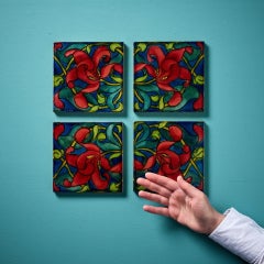 Set of 4 English Arts & Crafts Glazed Floral Tiles