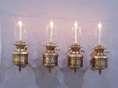 Set of 4 Brass and Bronze Candle Hurricane Lantern Sconces, England, 1890