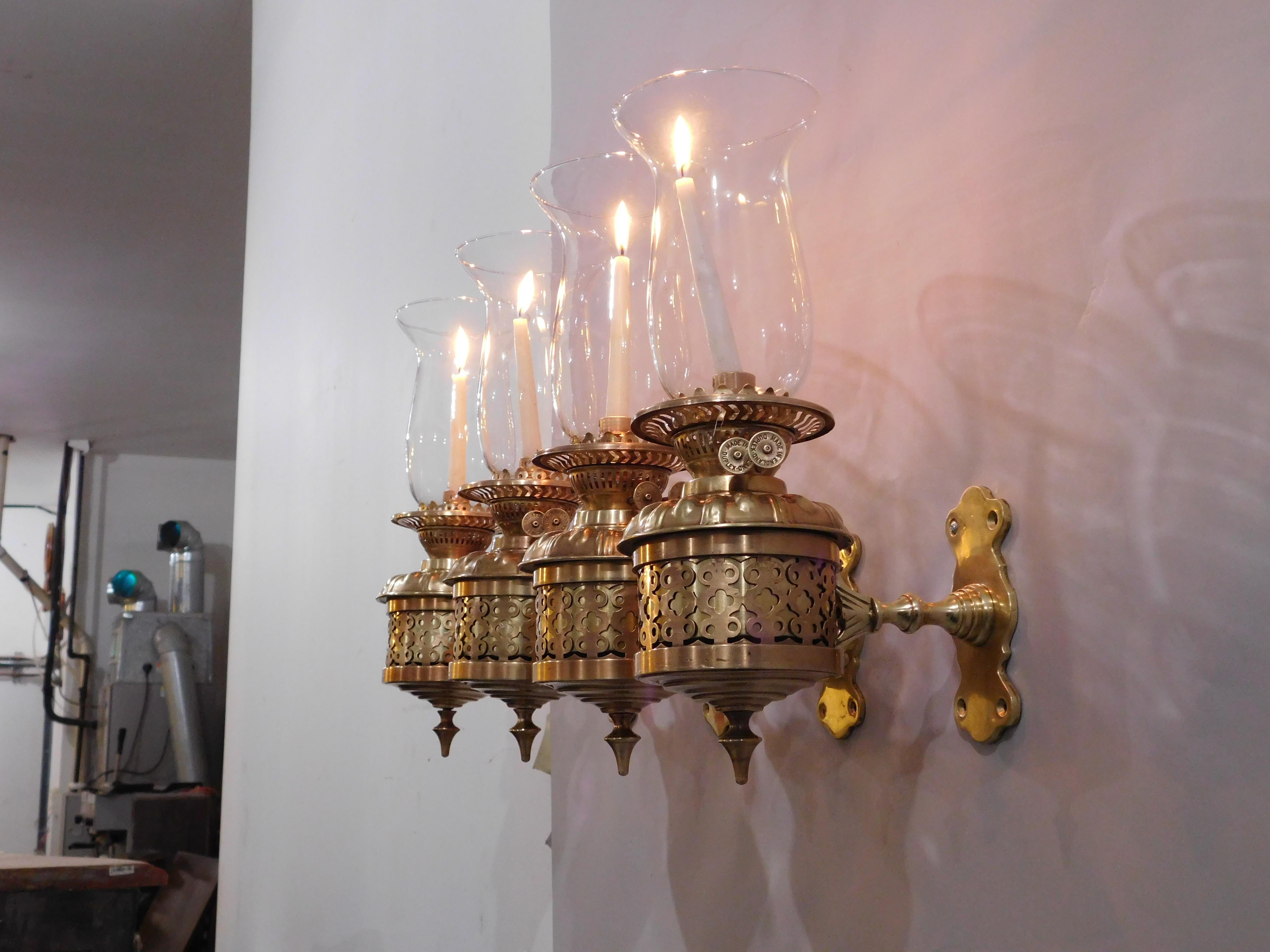 English Set of 4 Brass and Bronze Candle Hurricane Lantern Sconces, England, 1890 For Sale