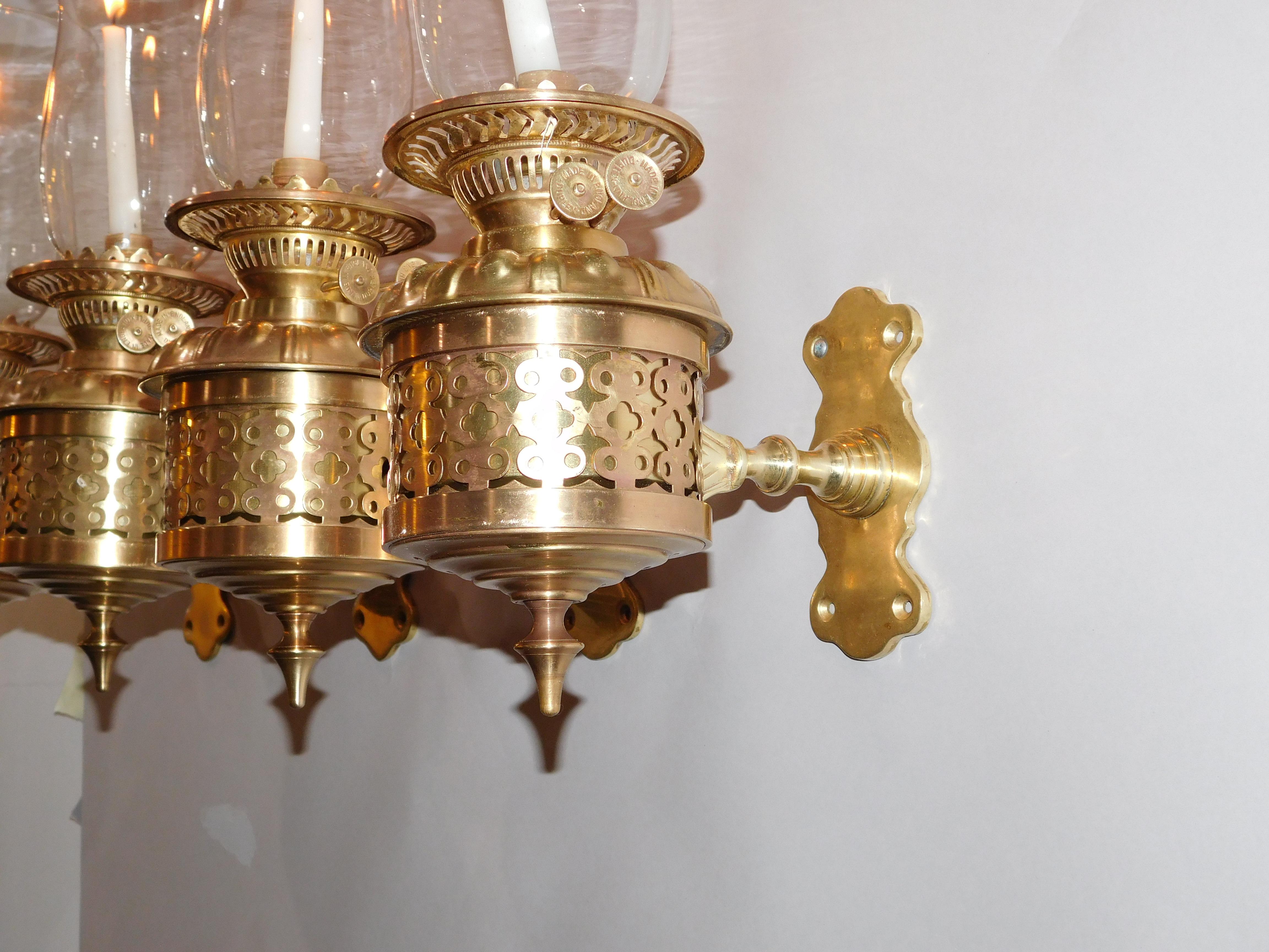 Repoussé Set of 4 Brass and Bronze Candle Hurricane Lantern Sconces, England, 1890 For Sale