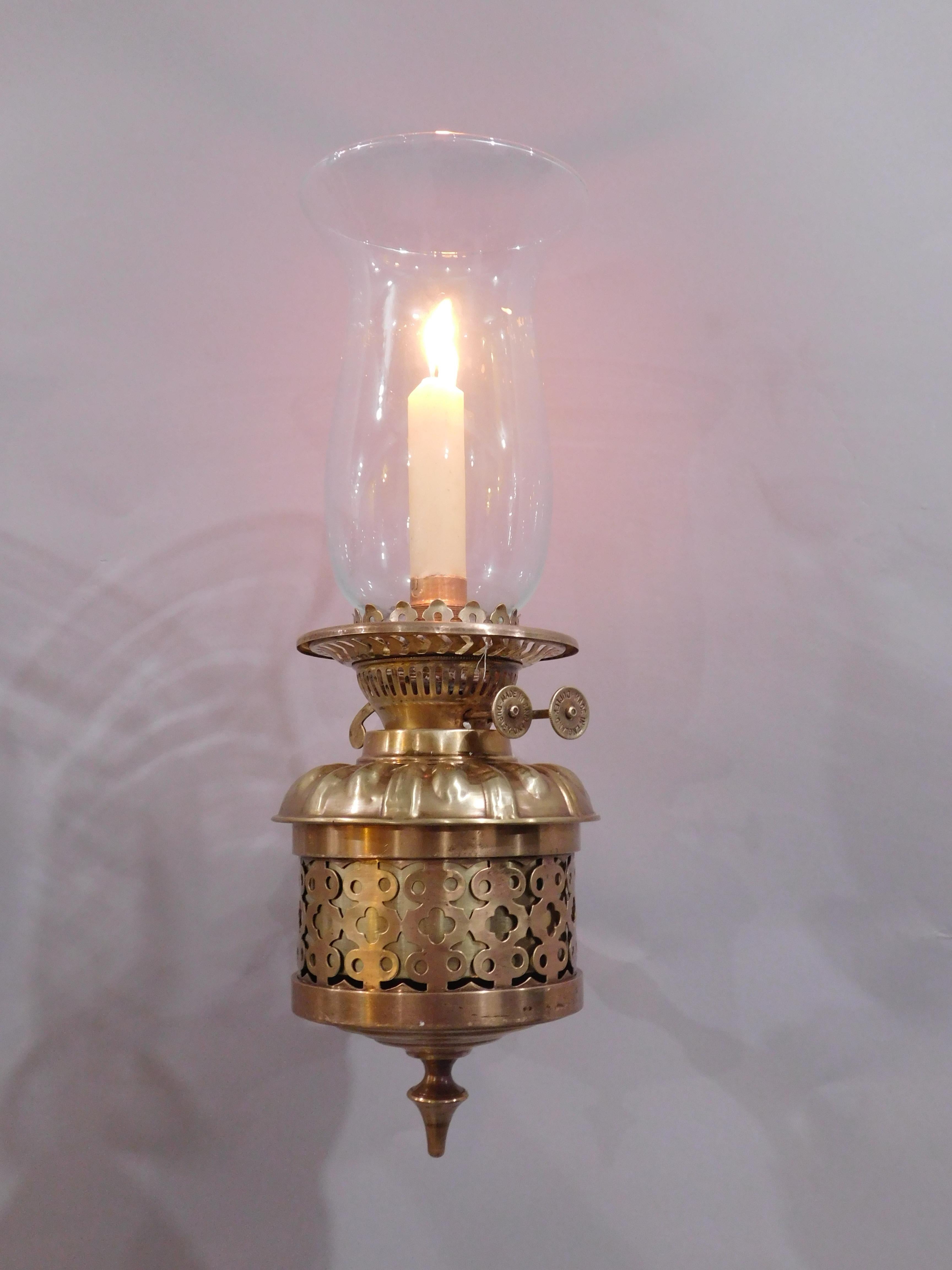 Late 19th Century Set of 4 Brass and Bronze Candle Hurricane Lantern Sconces, England, 1890 For Sale