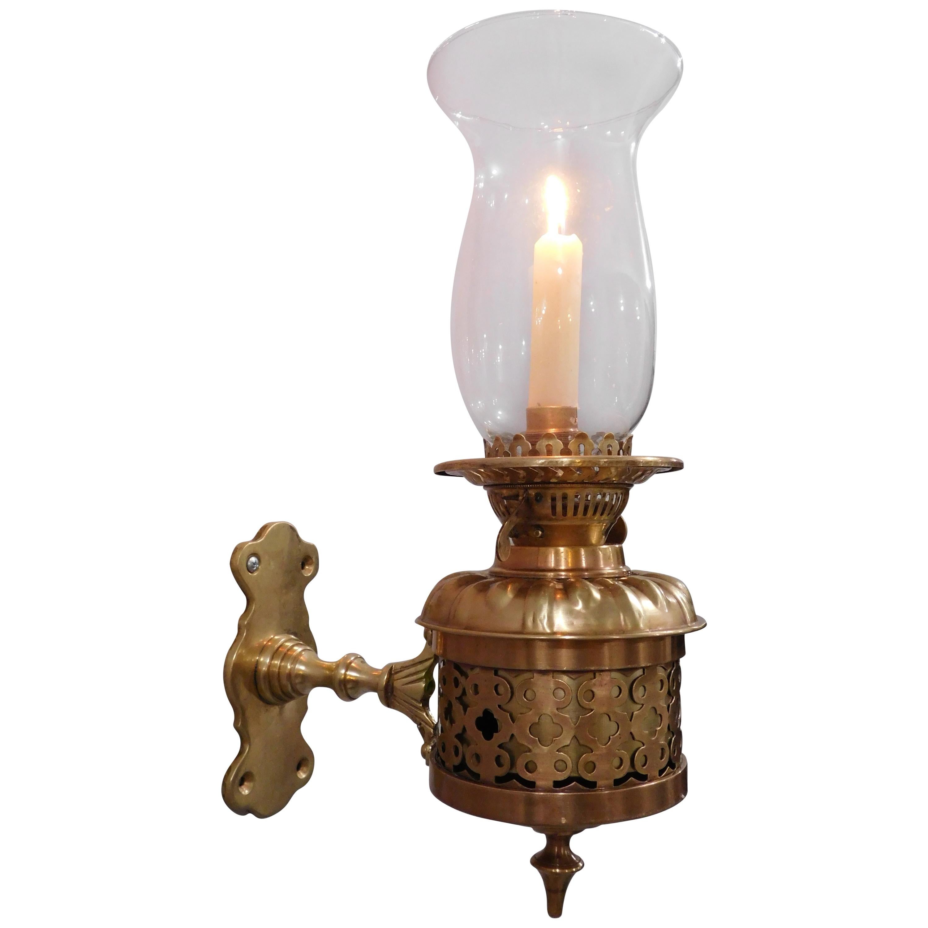 Set of 4 Brass and Bronze Candle Hurricane Lantern Sconces, England, 1890 For Sale