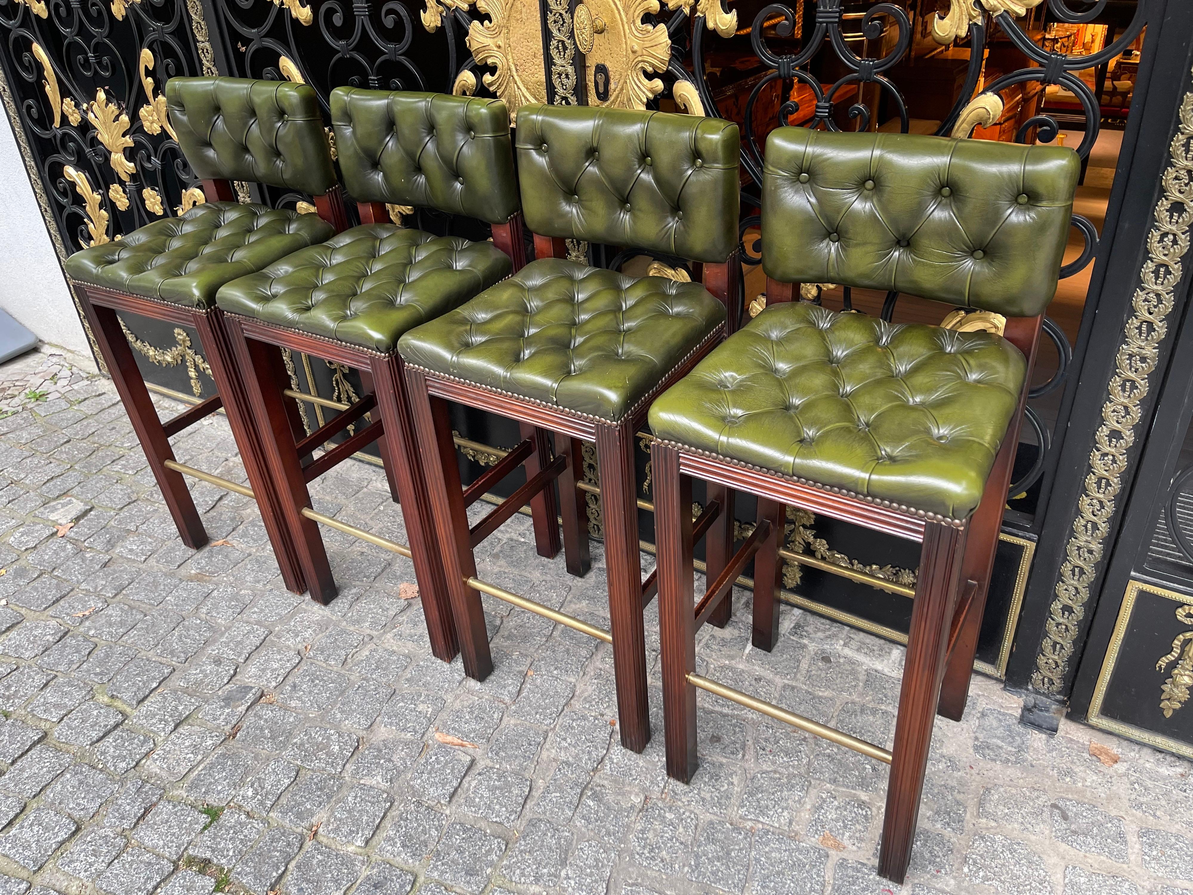 Painted Set of 4 English Chesterfield Bar Stools, 20th Century