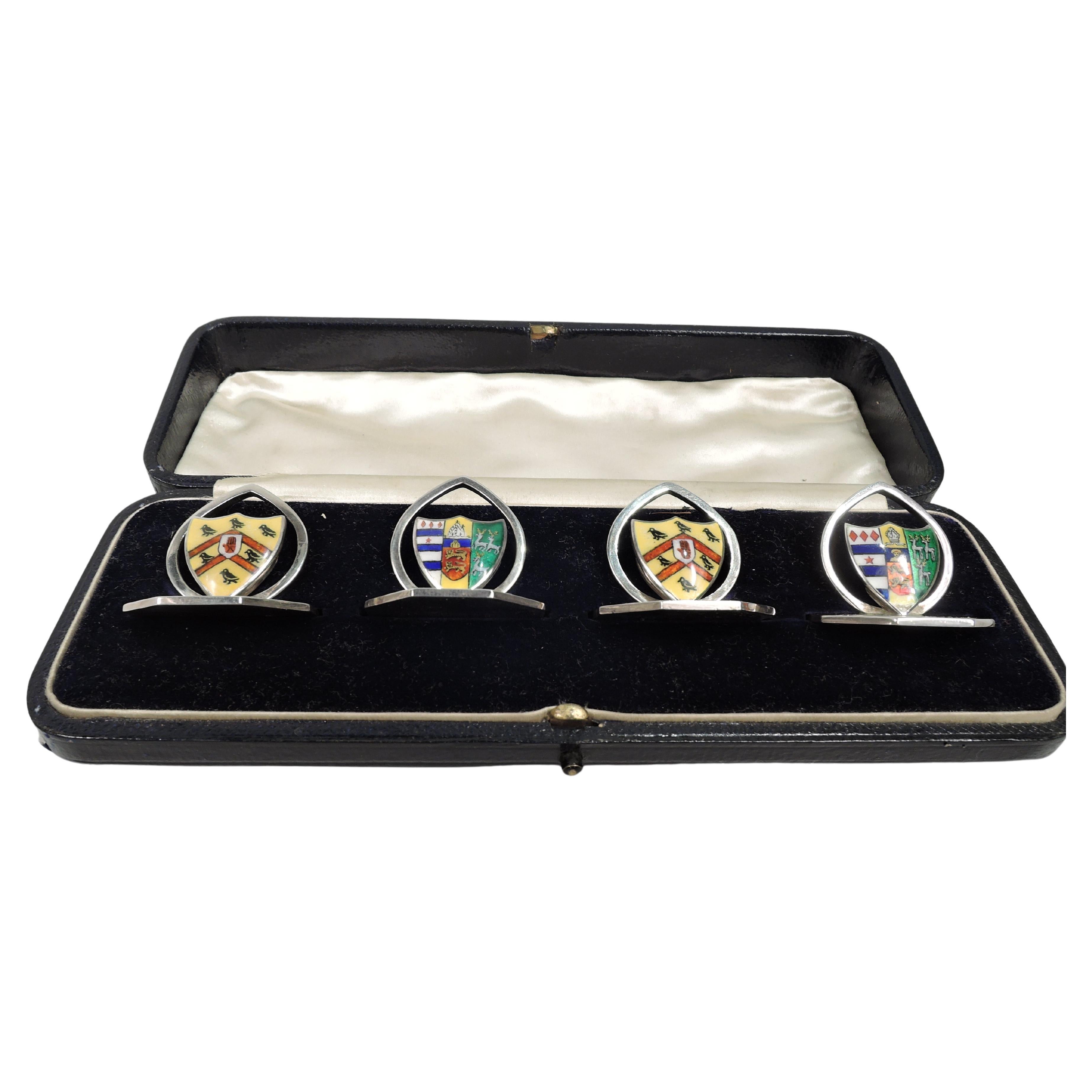 Set of 4 English Enamel Ennobling Armorial Place Card Holders For Sale