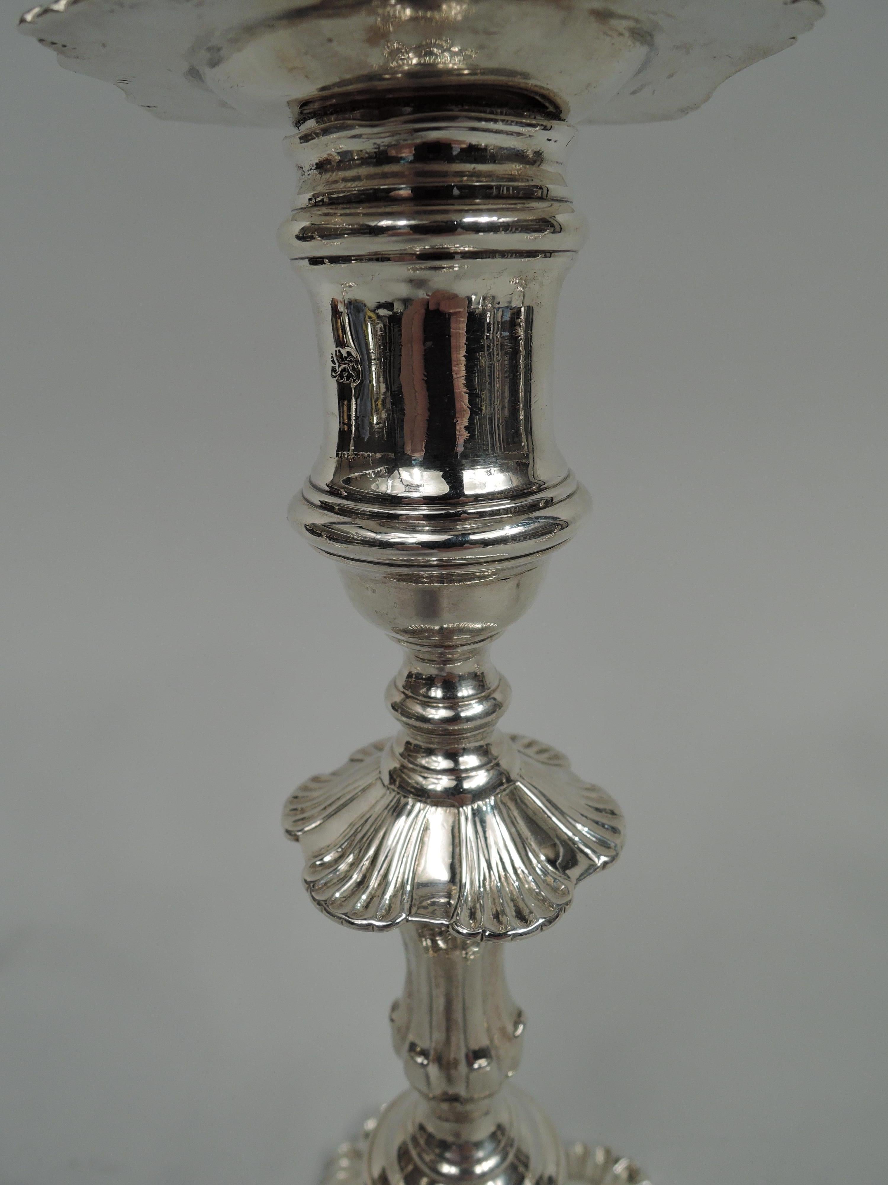 Sterling Silver Set of 4 English Georgian 6-Shell Candlesticks by Morison For Sale