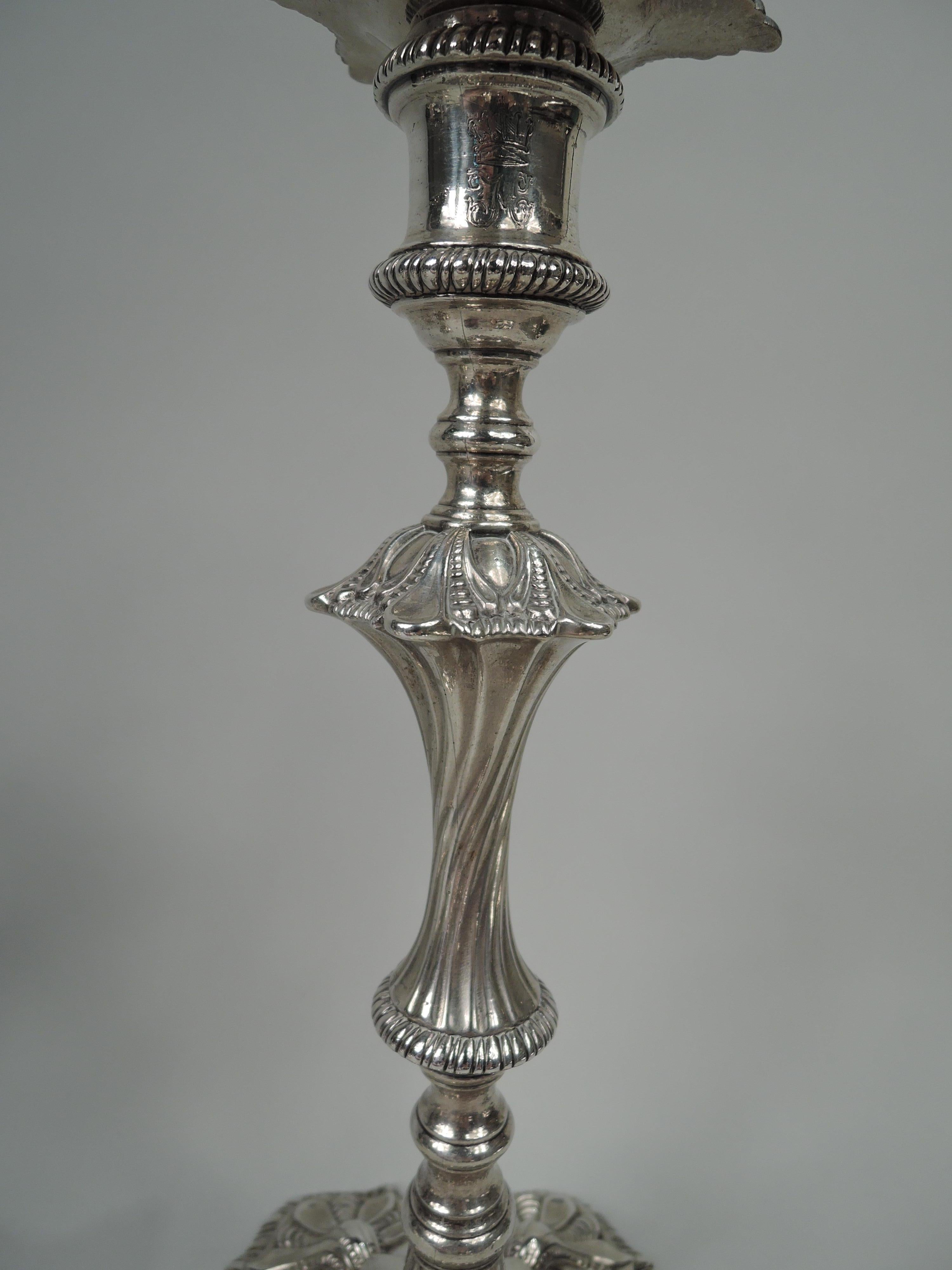 Set of 4 English Georgian Rococo Sterling Silver Candlesticks, 1771 For Sale 3