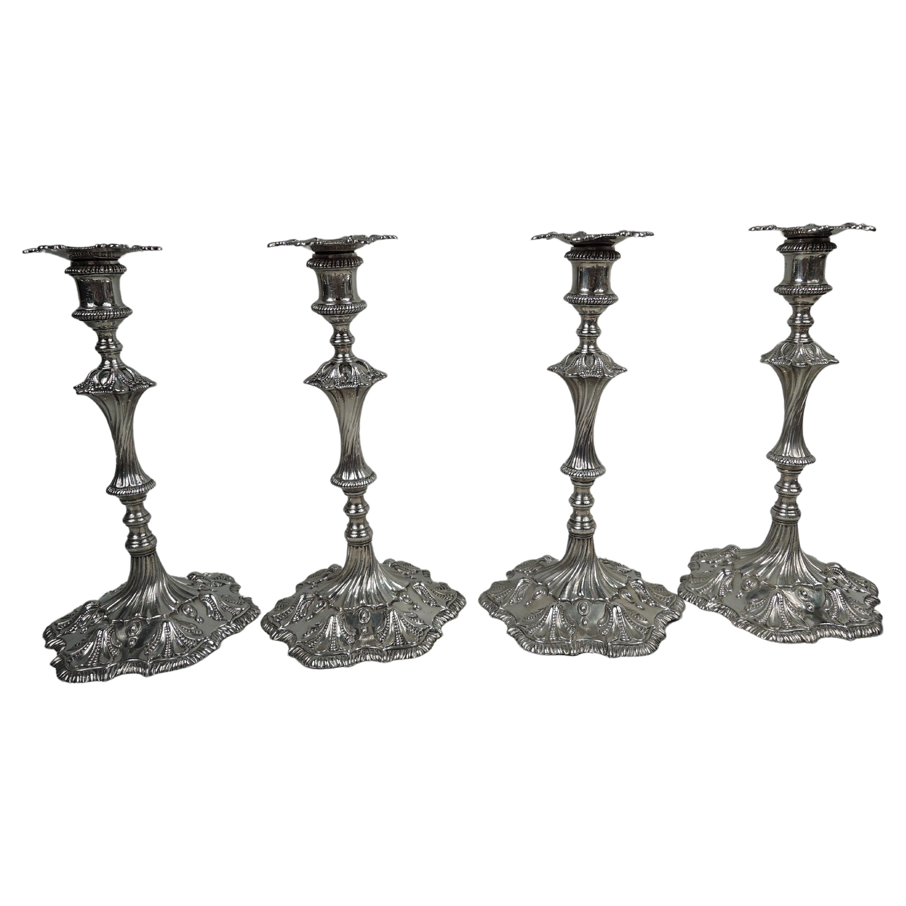Set of 4 English Georgian Rococo Sterling Silver Candlesticks, 1771 For Sale