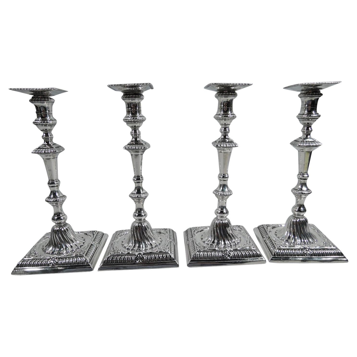 Set of 4 English Georgian Sterling Silver Candlesticks by Ebenezer Coker