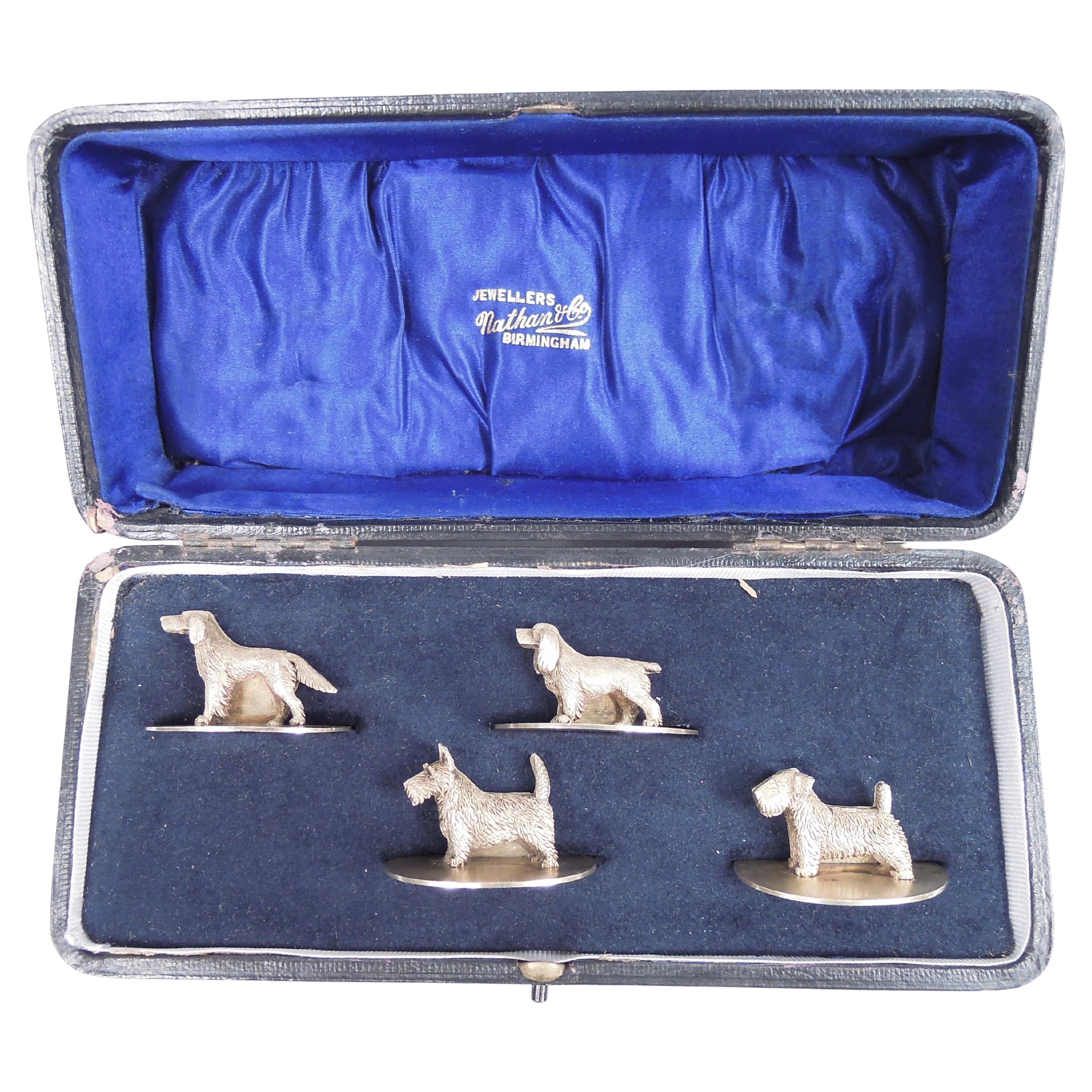 Set of 4 English Gilt Sterling Silver Canine Medley Place Card Holders For Sale