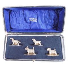 Vintage Set of 4 English Gilt Sterling Silver Canine Medley Place Card Holders