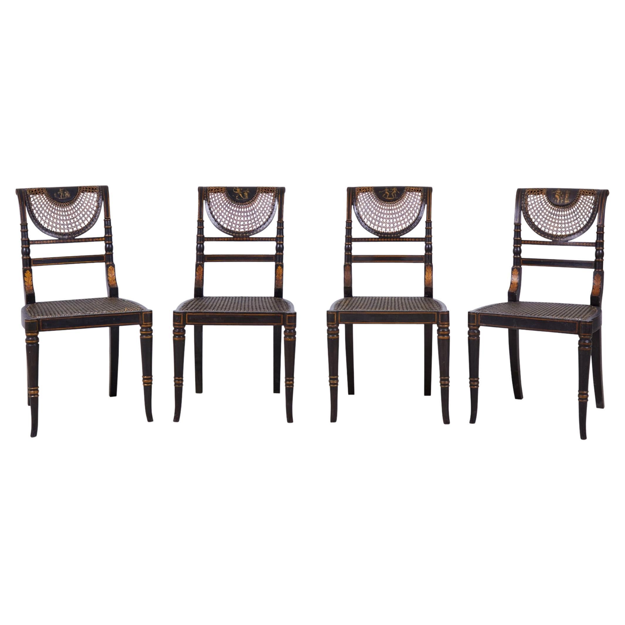 Set of 4 English Regency Black and Gold Painted Cane Seat Side Chairs For Sale