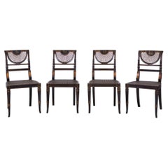 Antique Set of 4 English Regency Black and Gold Painted Cane Seat Side Chairs