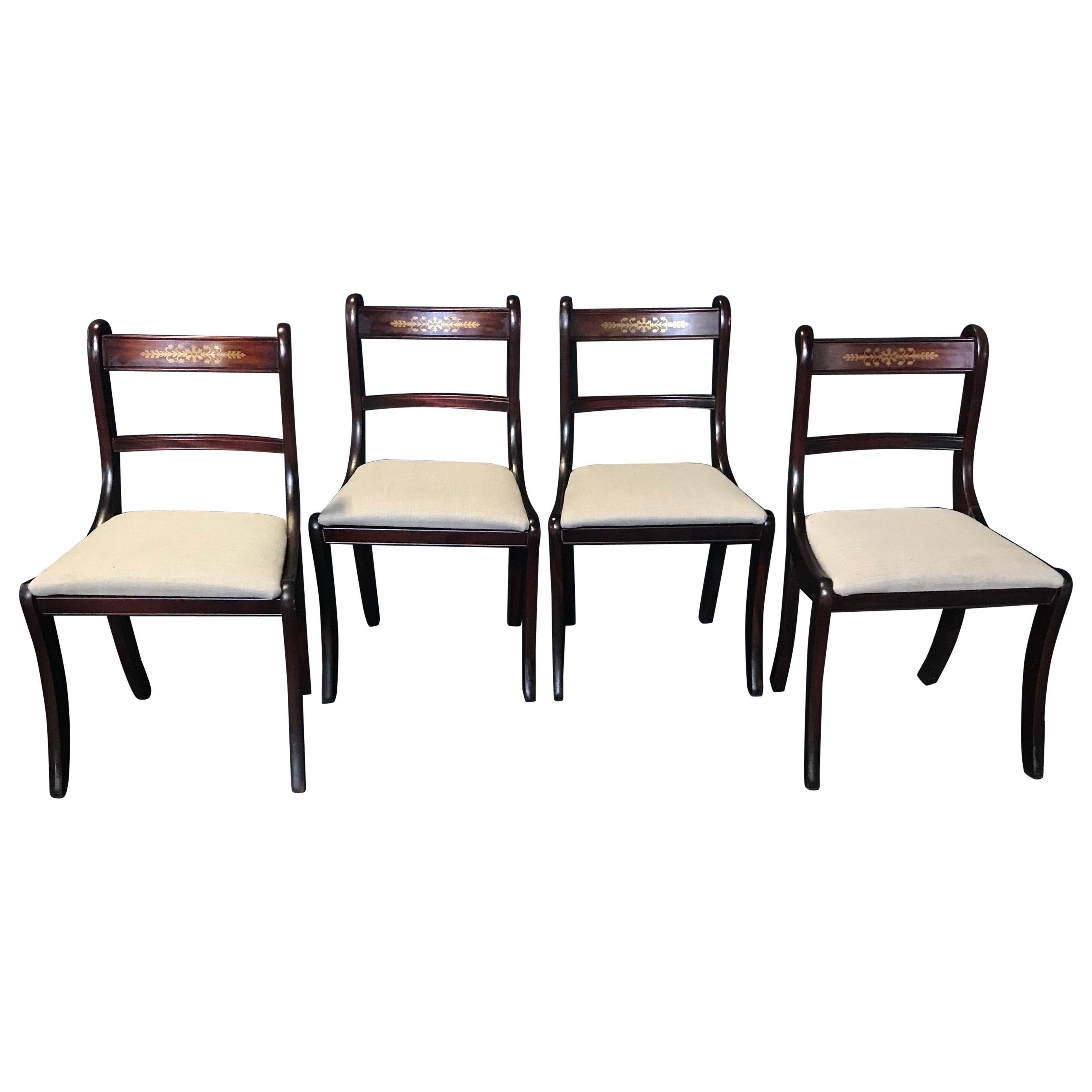 Set of 4 English Regency Mahogany and Brass Inlaid Dining Chairs