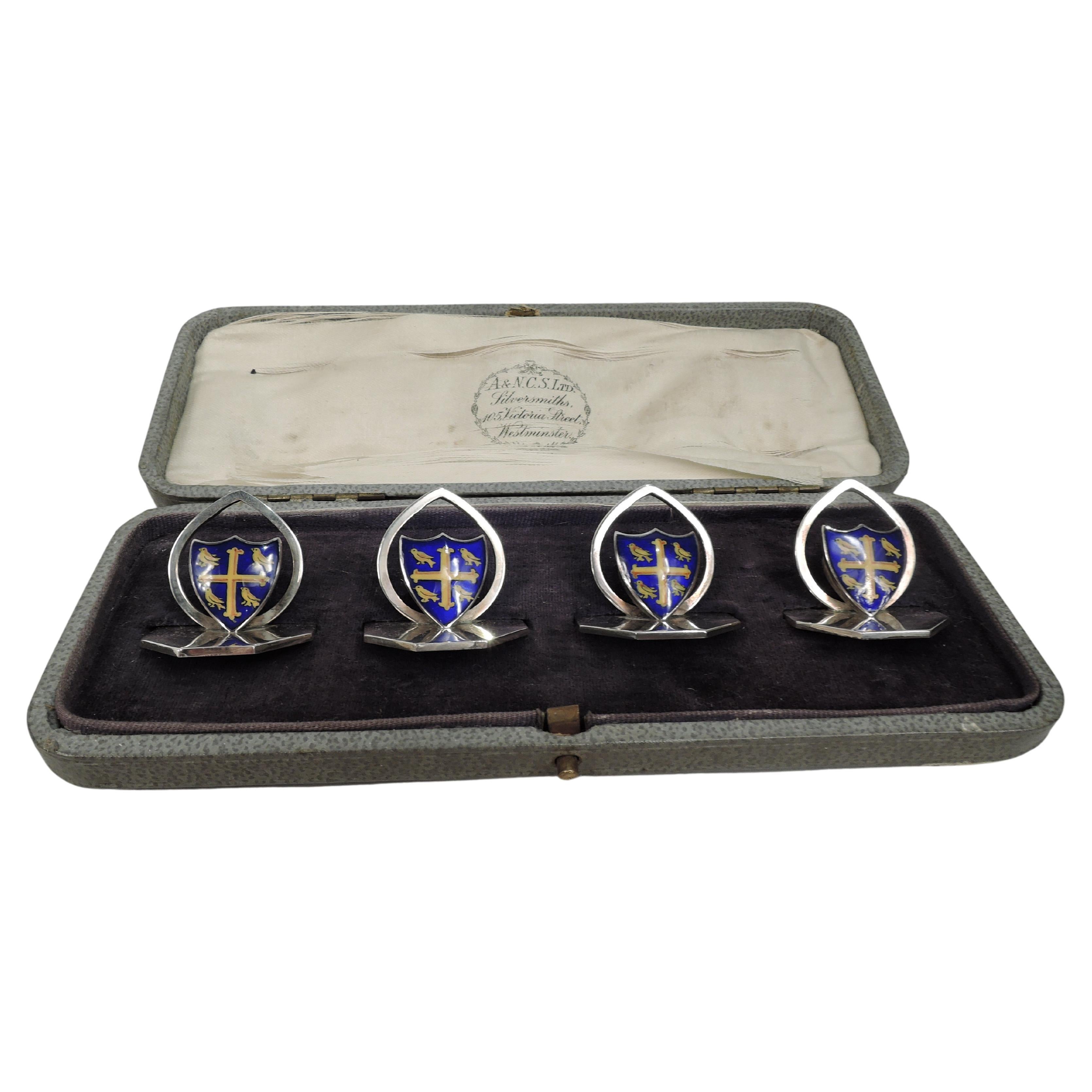 Set of 4 English Sterling Silver & Enamel Ennobling Armorial Place Card Holders For Sale