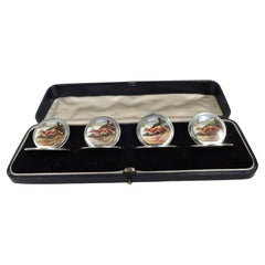 Set of 4 English Sterling Silver & Enamel Fox Place Card Menu Holders
