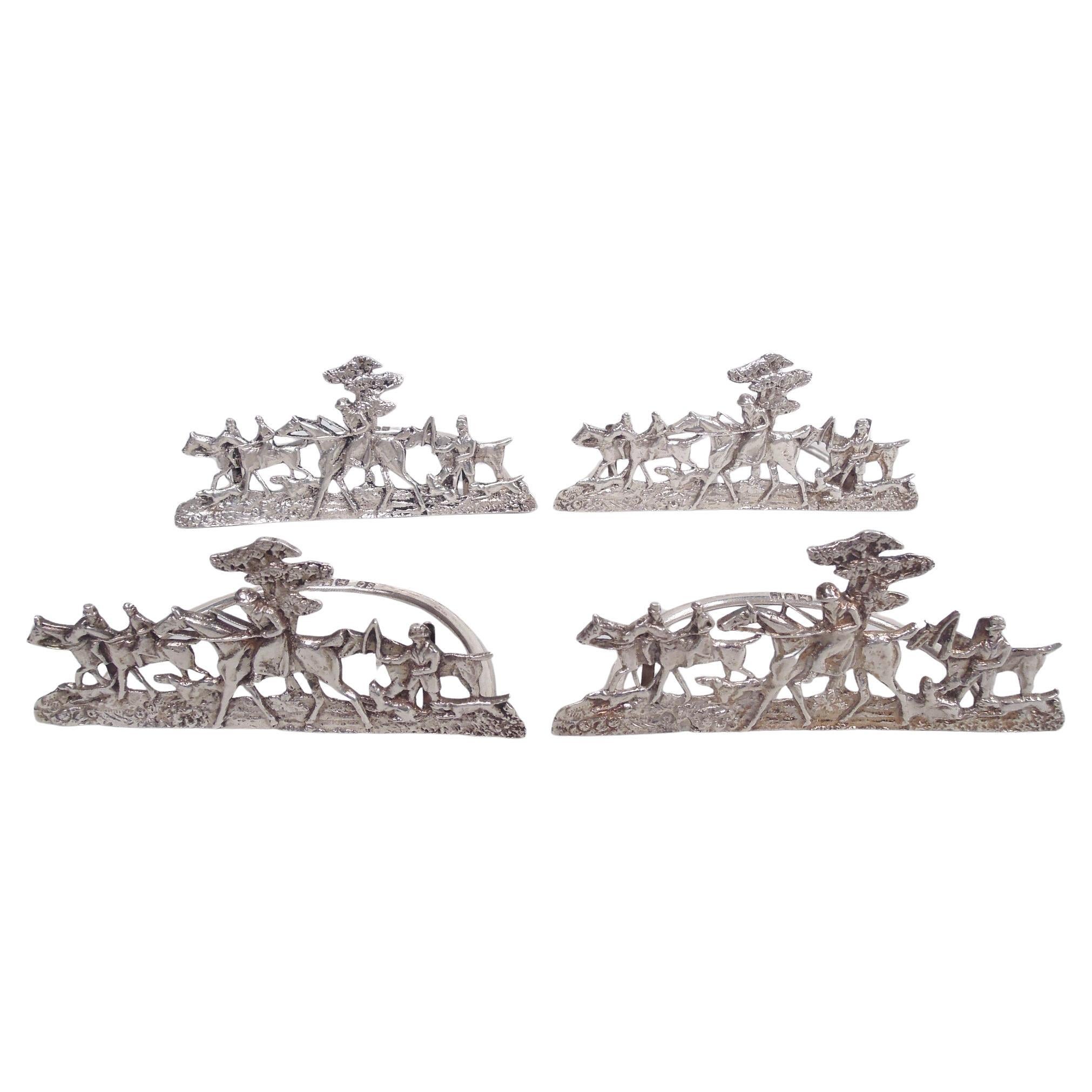 Set of 4 English Victorian Sterling Silver Fox Hunt Place Card Holders
