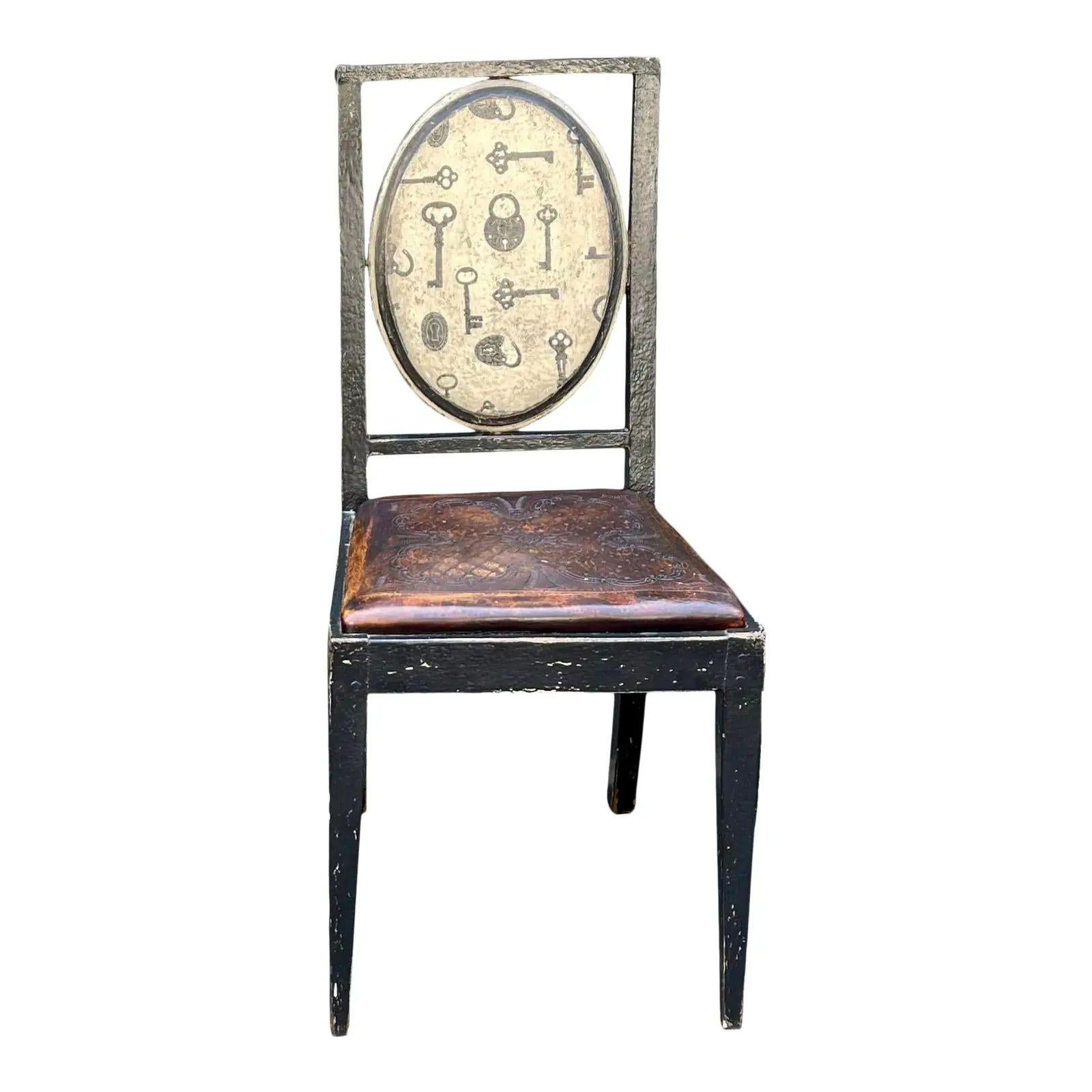 Equator Furniture Company Rustic Tooled Leather Painted Chair
Priced Each

Additional information: 
Materials: Leather, Paint, Wood
Color: Black
Period: 1990s
Styles: Rustic, Spanish Colonial
Number of Seats: 1
Item Type: Vintage, Antique