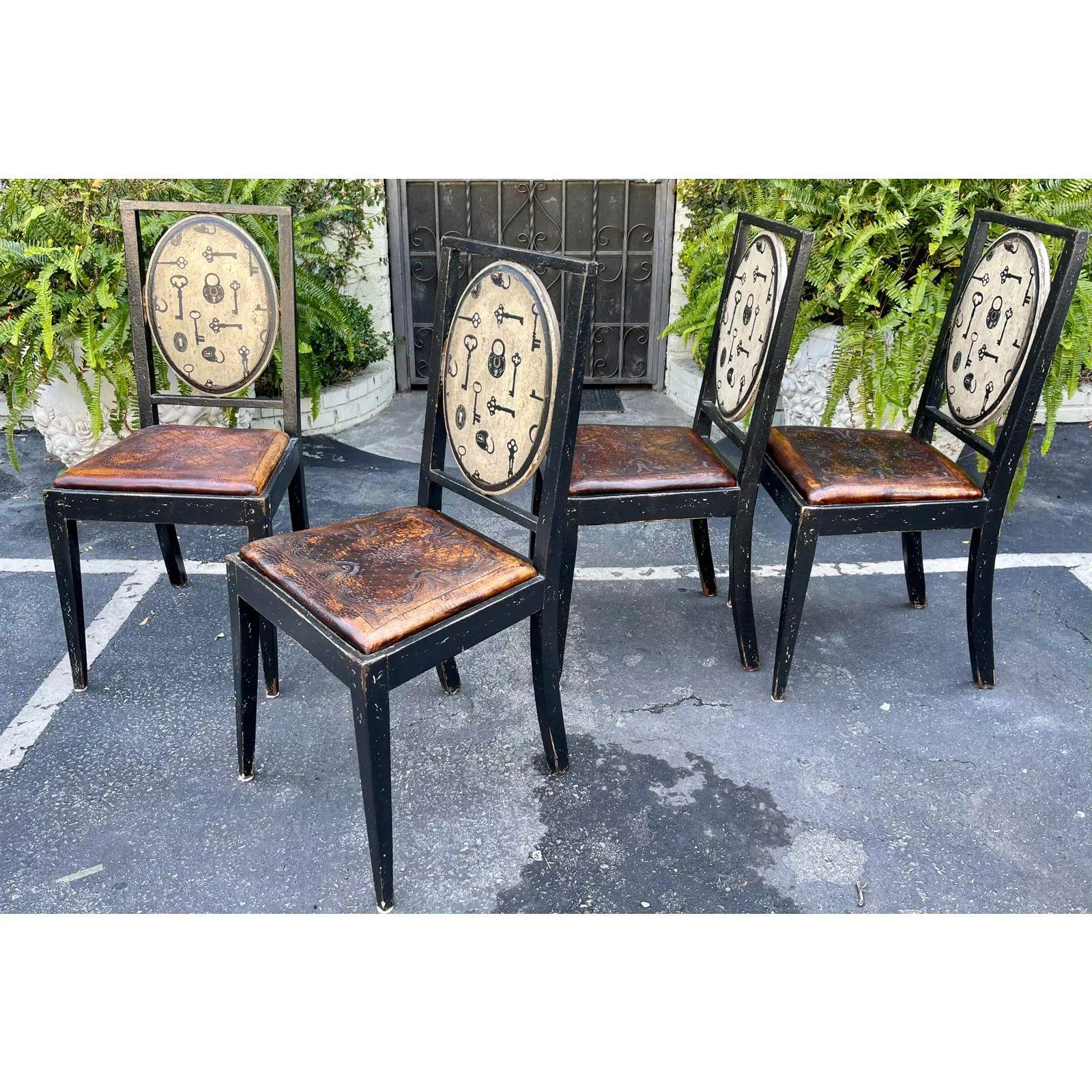 Spanish Colonial Set of 4 Equator Furniture Company Rustic Tooled Leather Painted Chair, 1990s For Sale