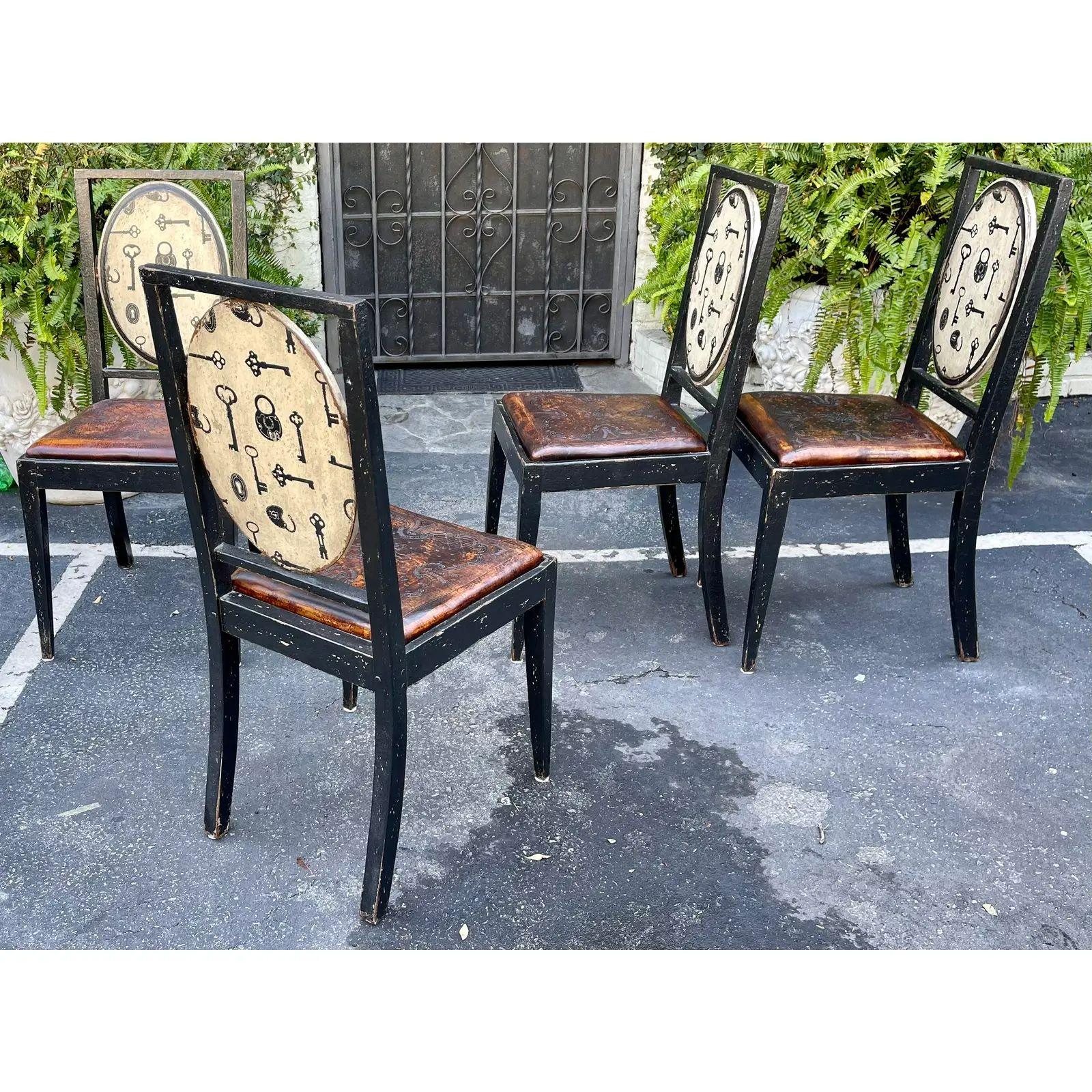 Brazilian Set of 4 Equator Furniture Company Rustic Tooled Leather Painted Chair, 1990s For Sale