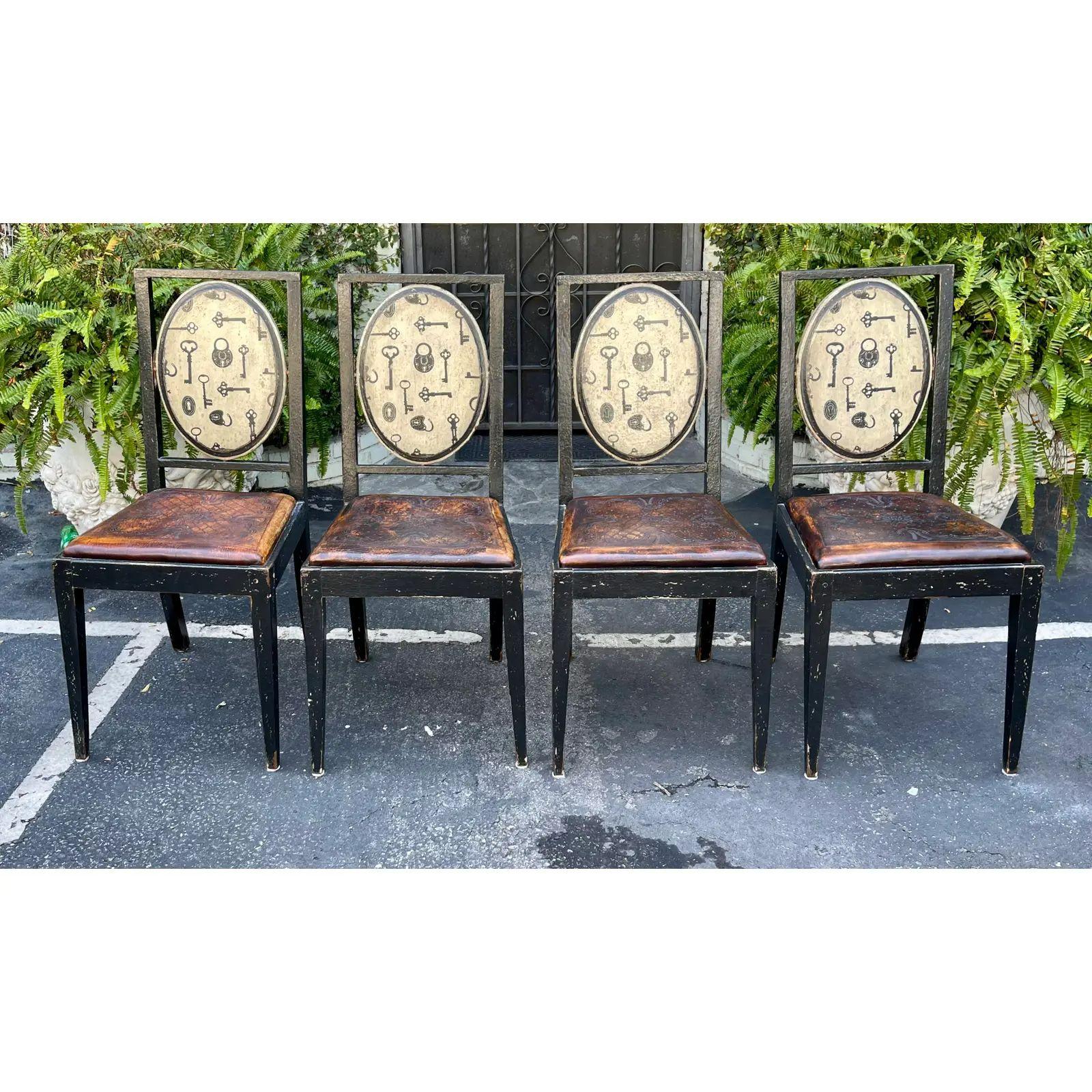 Set of 4 Equator Furniture Company Rustic Tooled Leather Painted Chair, 1990s In Good Condition For Sale In LOS ANGELES, CA