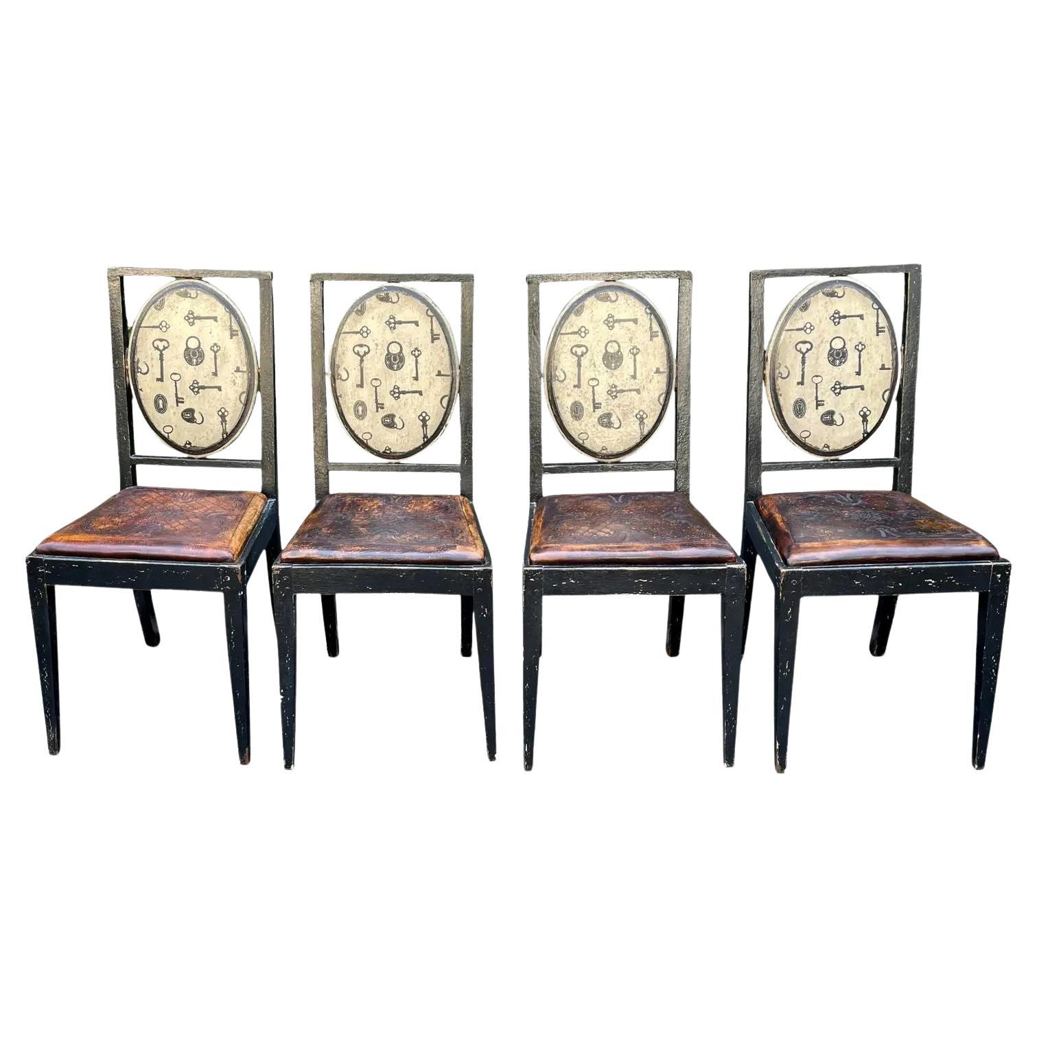 Set of 4 Equator Furniture Company Rustic Tooled Leather Painted Chair, 1990s