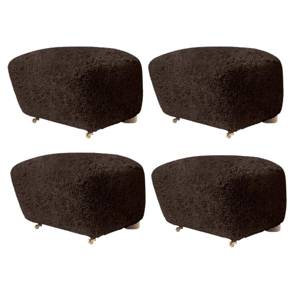 Set of 4 Espresso Natural Oak Sheepskin the Tired Man Footstools by Lassen For Sale