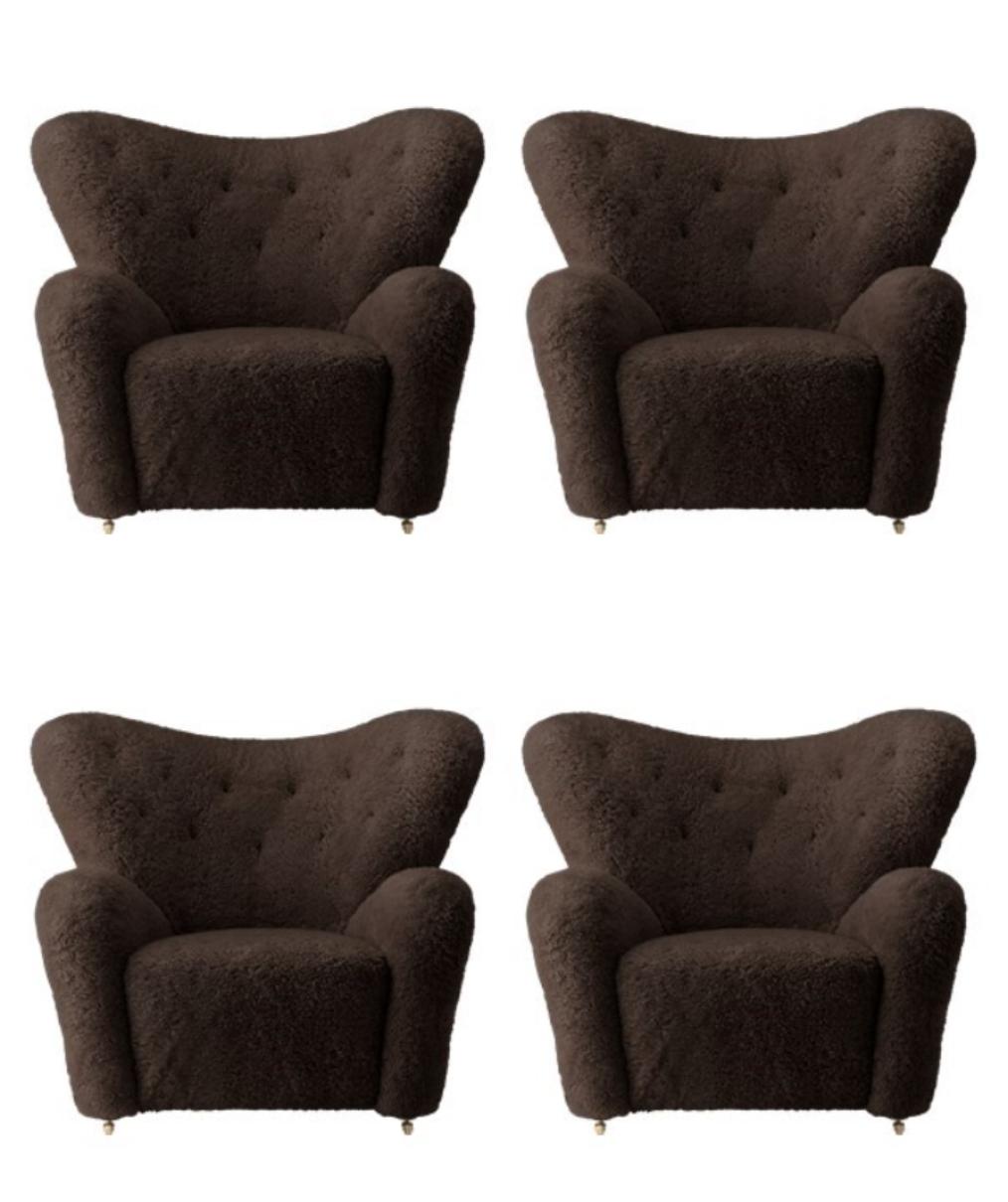 Set of 4 Espresso Sheepskin the Tired Man Lounge Chair by Lassen For Sale 8