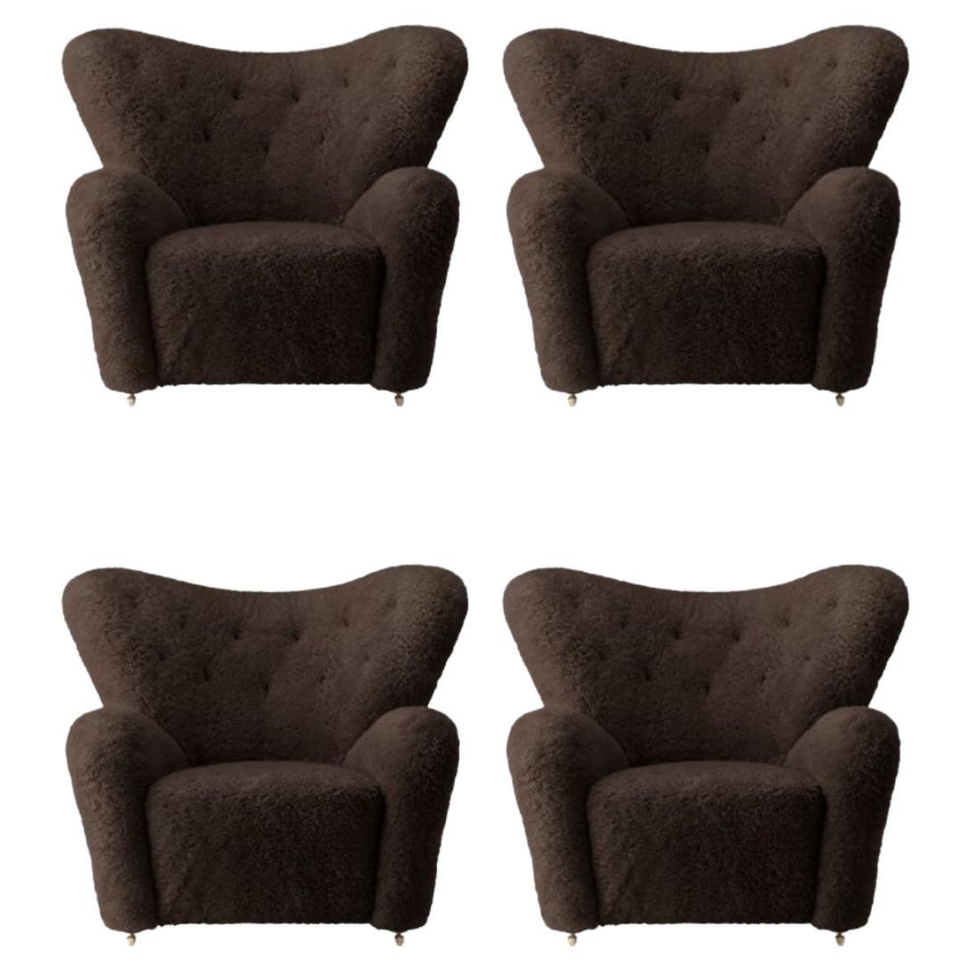 Set of 4 Espresso Sheepskin the Tired Man Lounge Chair by Lassen For Sale