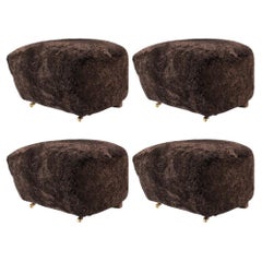 Set of 4 Espresso Smoked Oak Sheepskin the Tired Man Footstools by Lassen