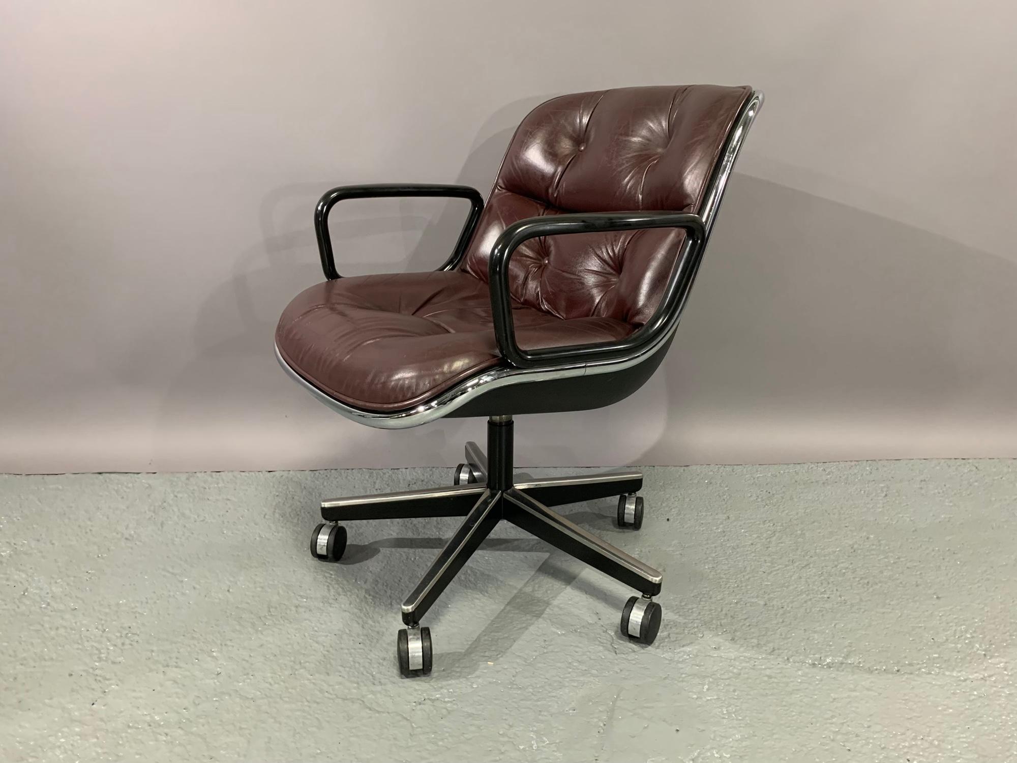 Set of four (4) executive chairs designed by Charles Pollock in 1965 for Knoll International in cordovan leather. This comfortable chair, equally suited for the office, board room or the home, is considered one of Knoll’s most memorable designs. It