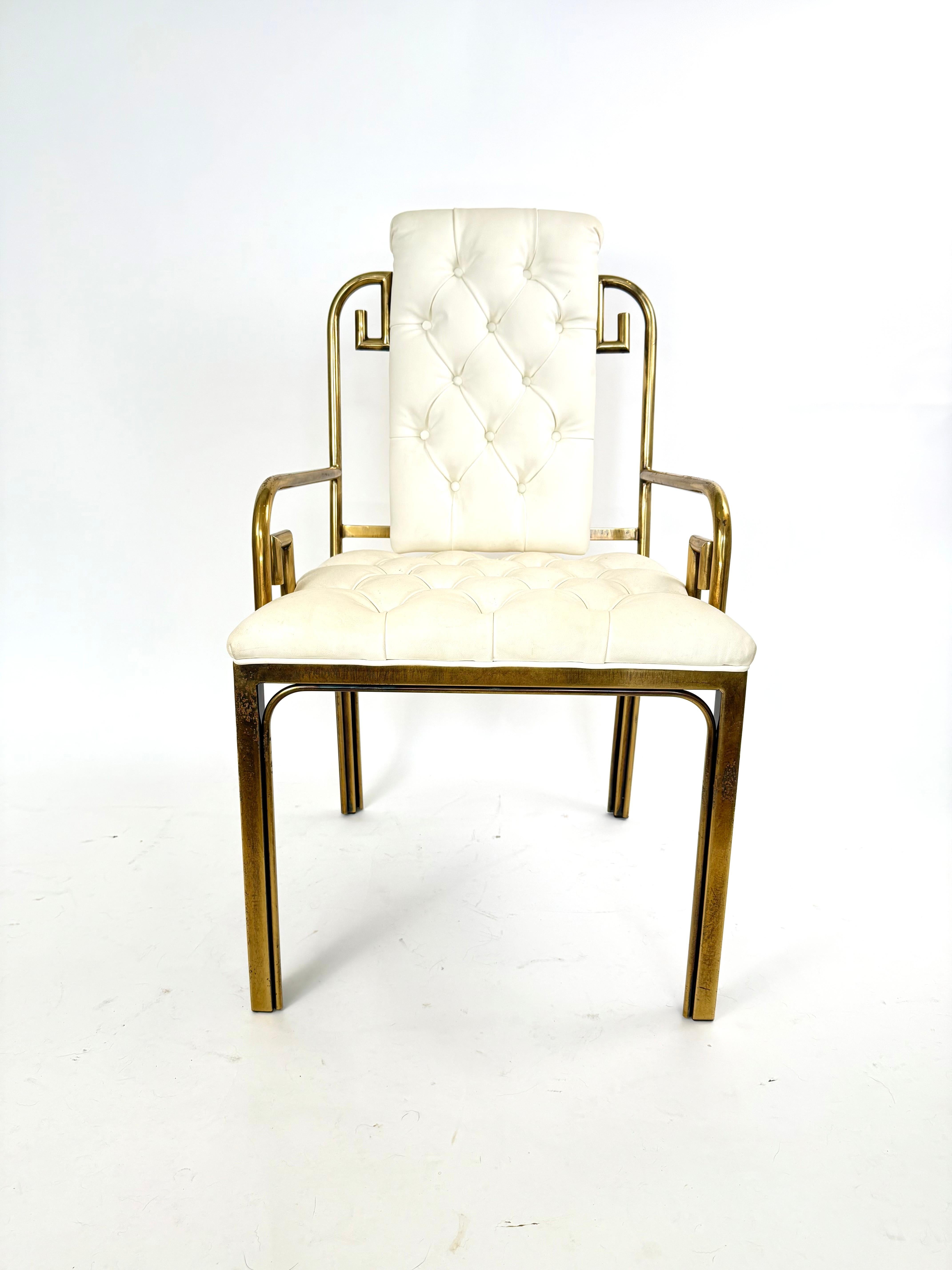 Elevate your room with the class timeless appeal of these sophisticated  Brass Greek Key chairs by Mastercraft.  These chairs are rare and hard to find in any condition.  As found, this particular set will require restoration if a perfect