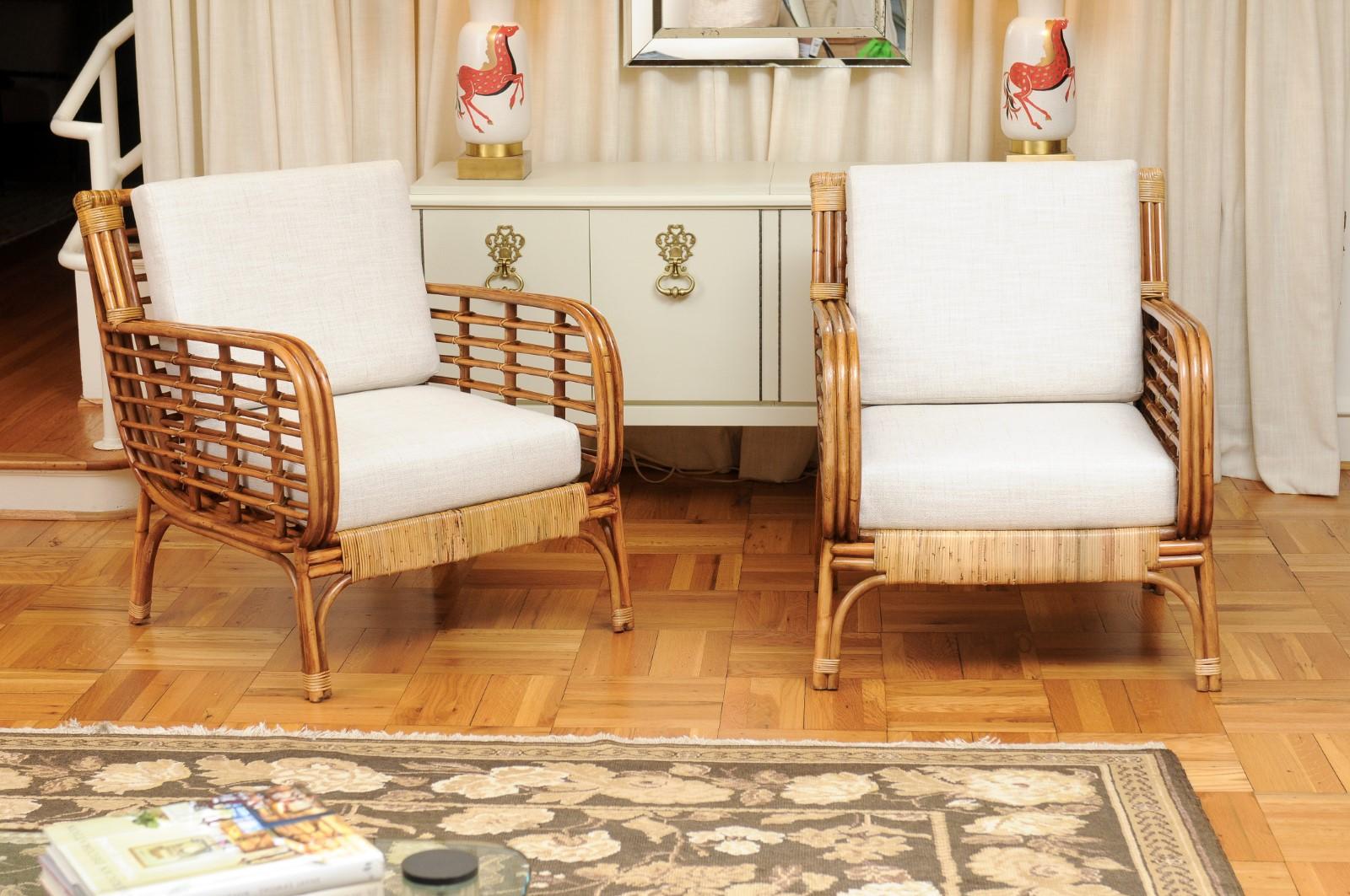 These magnificent lounge chairs are shipped as professionally photographed and described in the listing narrative: Meticulously professionally restored and installation ready. Expert custom upholstery service is available.

A fabulous set of four