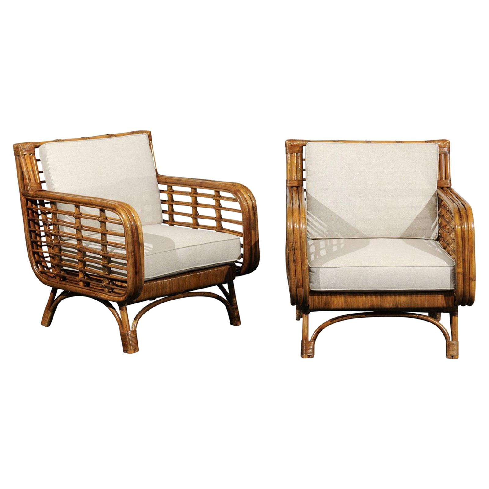 Set of 4 Fabulous Restored Birdcage Style Rattan and Cane Loungers, circa 1955