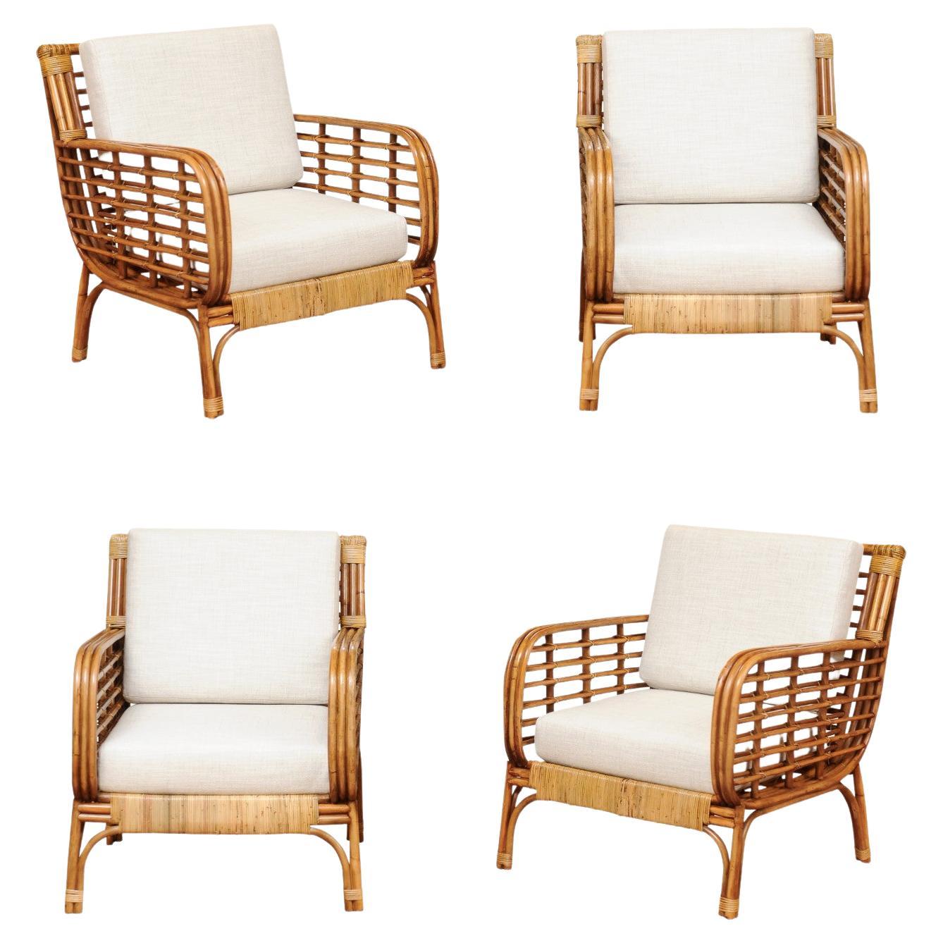 Set of 4 Fabulous Restored Birdcage Style Rattan and Cane Loungers, circa 1955 For Sale