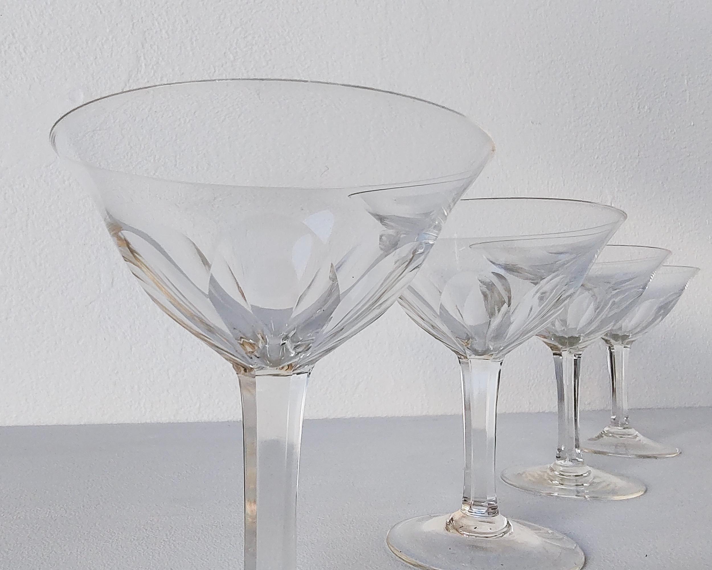 Crystal Set of 4 Faceted Gevaert Stemmed Cordial Glasses in the style of Val St Lambert For Sale