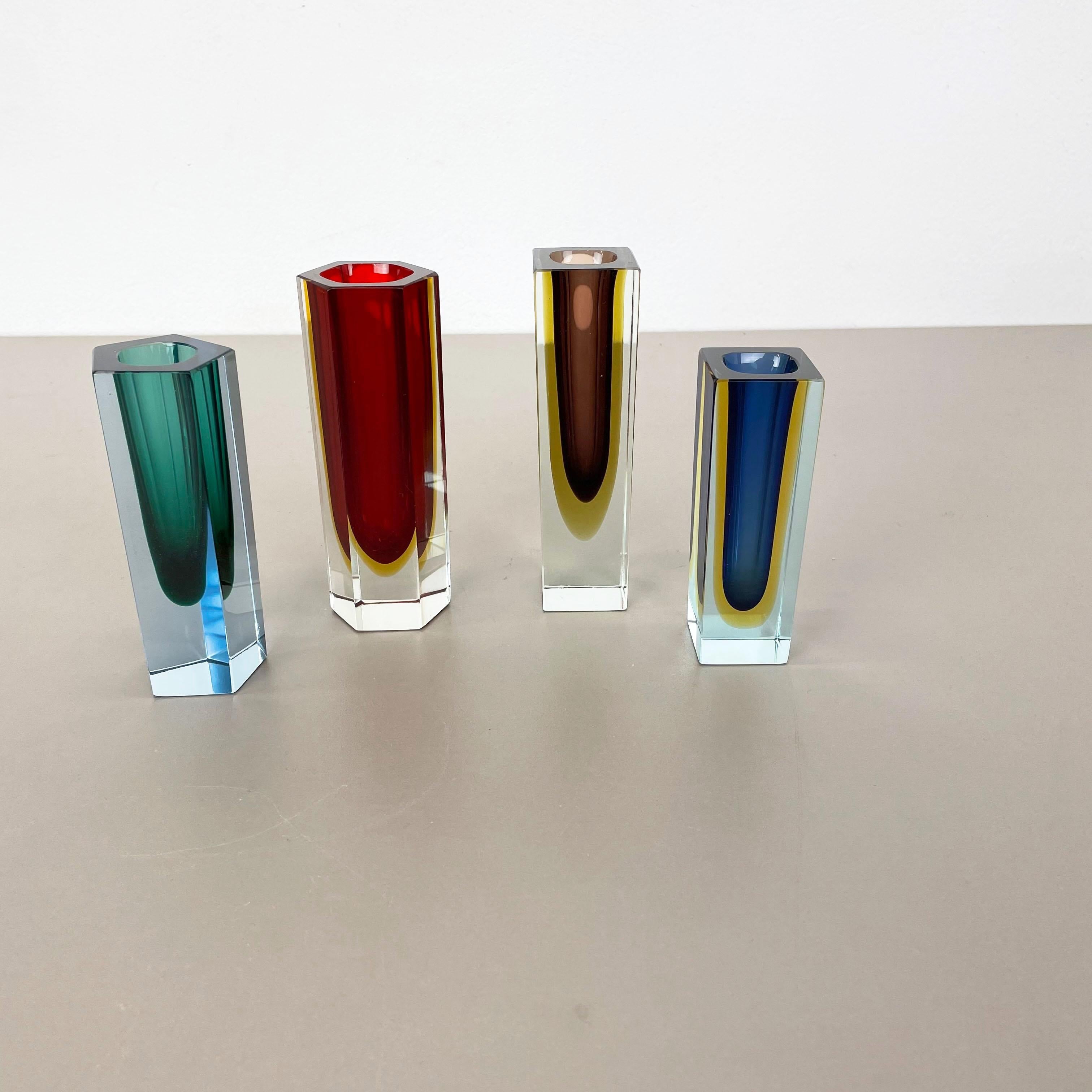 Article:

Murano glass vase set of 4


Design:

attrib. Flavio Poli


Origin:

Murano, Italy


Decade:

1970s

These original set of 4 glass vases was produced in the 1970s in Murano, Italy. each vase of the set is made in