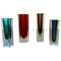 Antique Set of 4 Faceted Murano Glass Sommerso Vases attri. Flavio Poli, Italy, 1970s