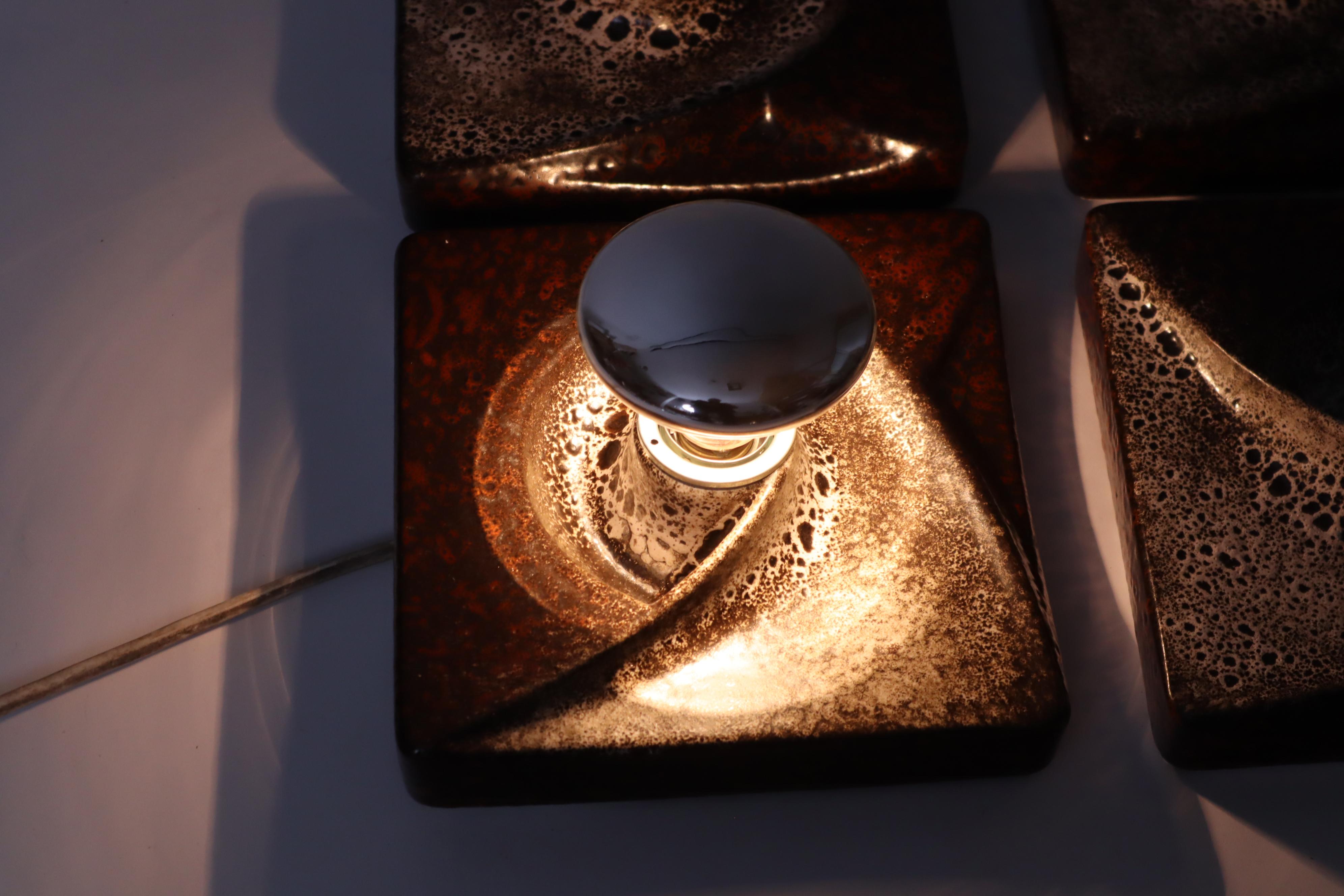 Céramique Ensemble de 4 lampes murales à tourbillon Fat Lava Brutalist par PAN Germany 1960s en vente