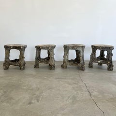 Set of 4 Faux Bois Concrete Stools, 1960s France