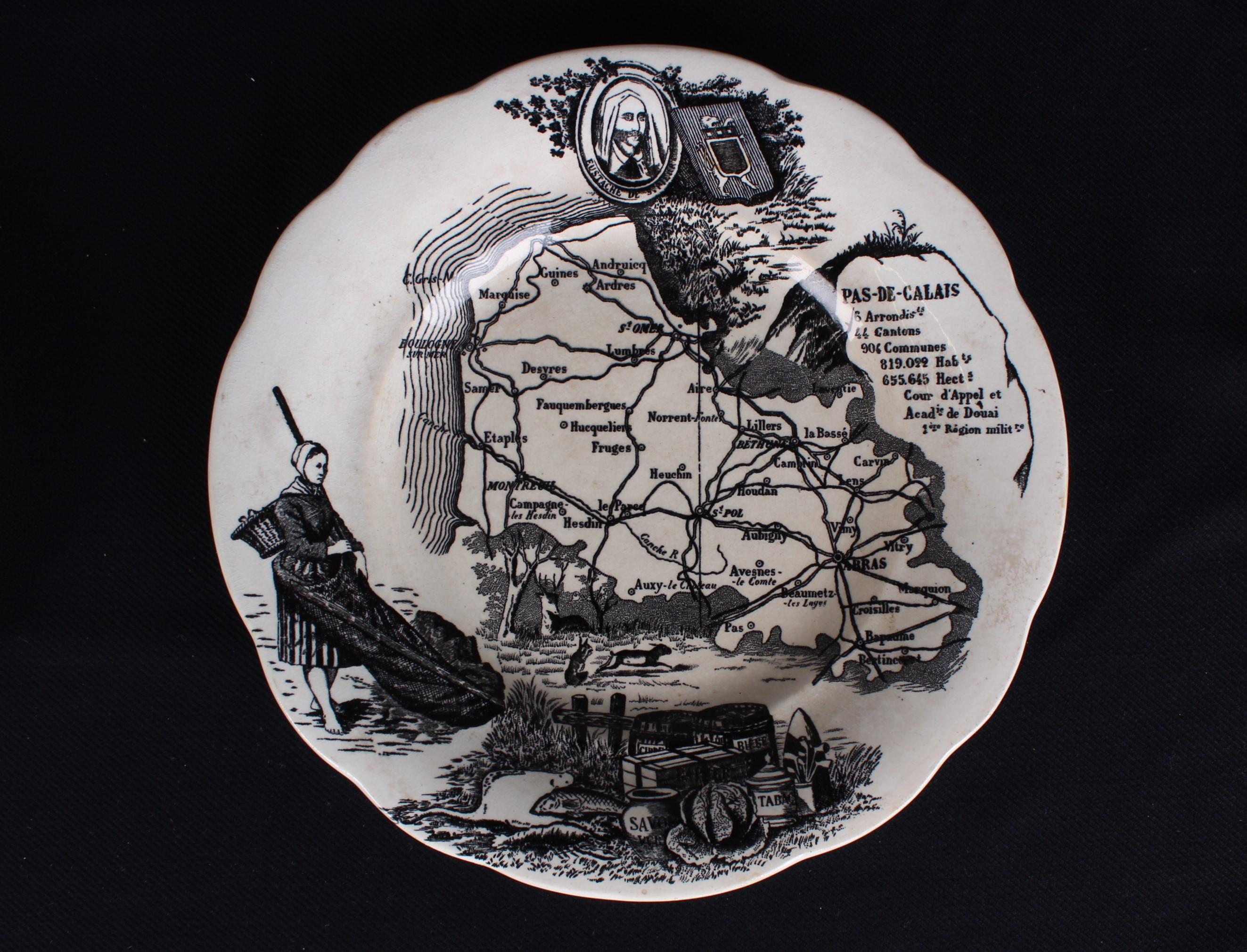 This wonderful set of four plates are made of Faience.
Beautifully painted, each with an individual illustration of the country borders of France.

Stamped at the bottom 