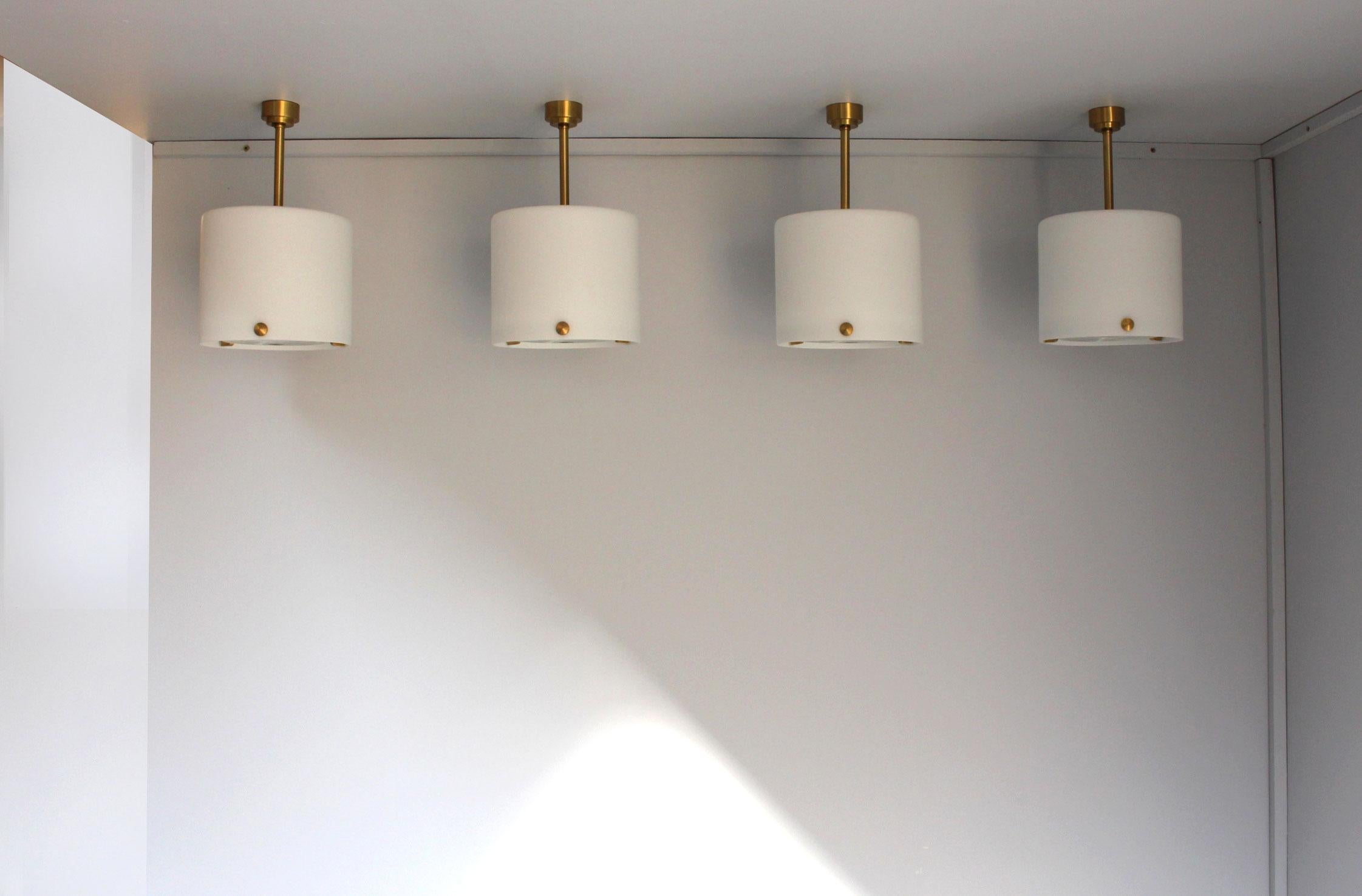 Mid-Century Modern Set of 4 Fine French 1950s Cylindrical Glass and Bronze Pendants by Perzel