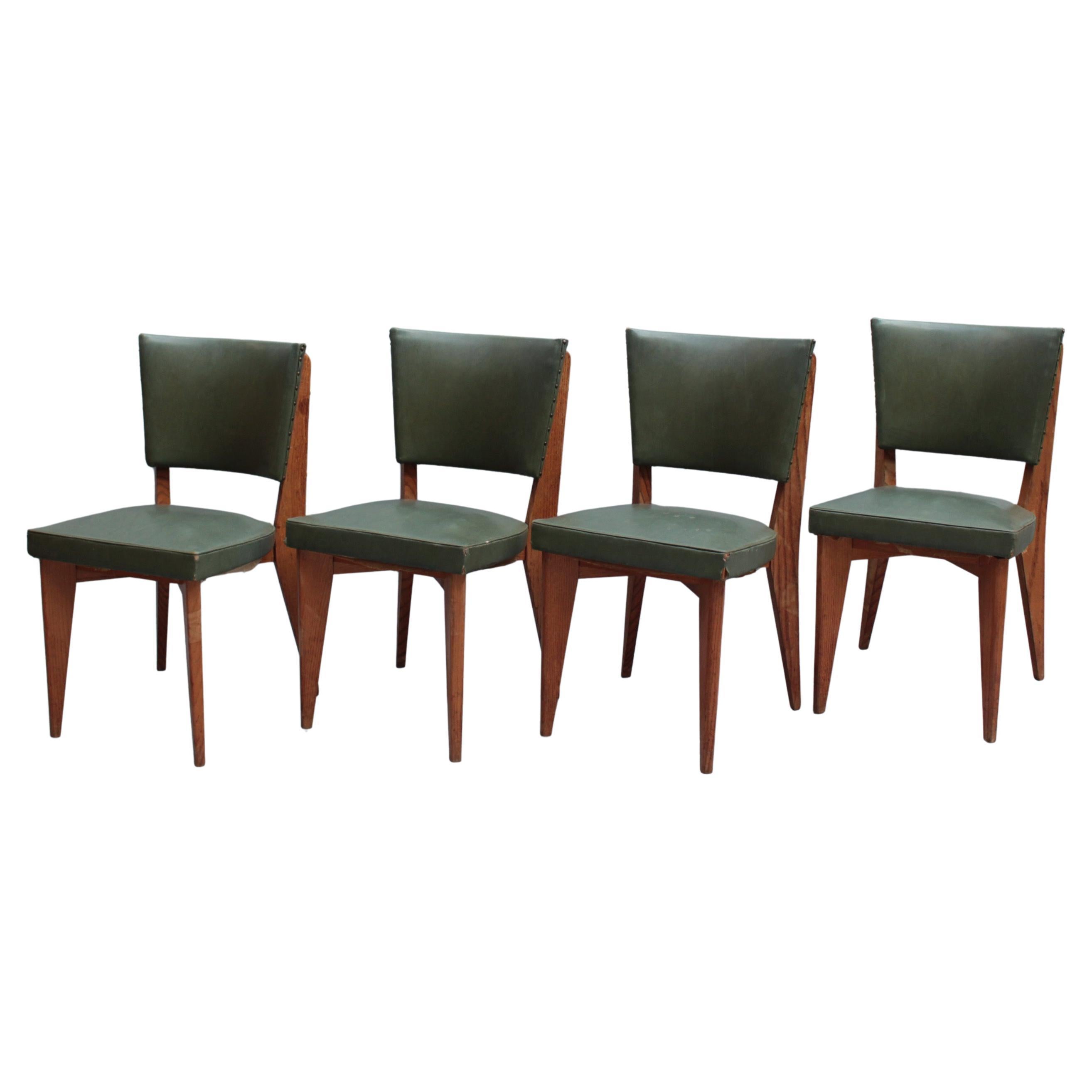 Set of 4 Fine French 1950s Oak Dining Chairs