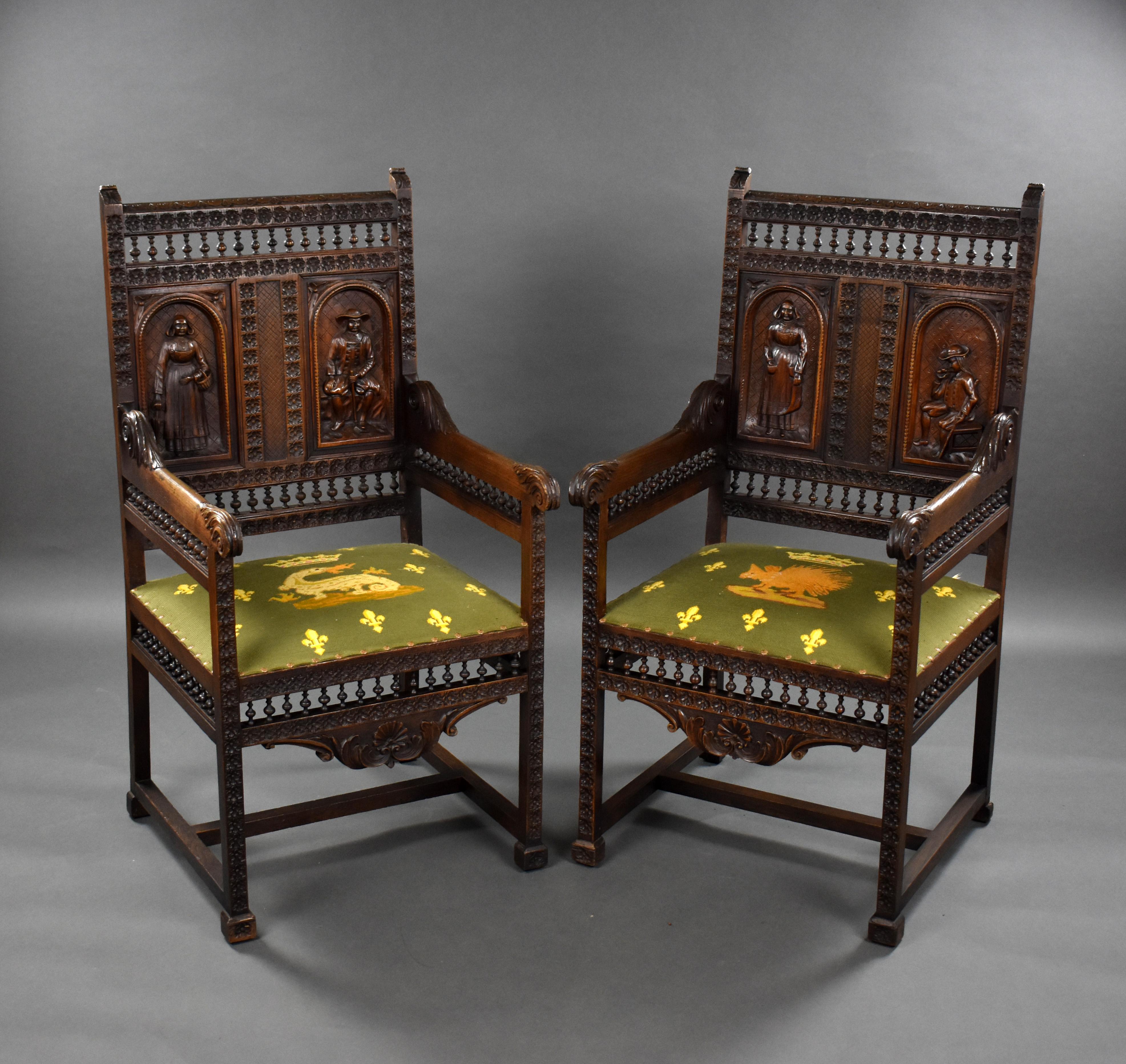 For sale is a good quality Set of 4 Belgian carved oak chairs, each ornately carved and having embroidered seats. All of the chairs are structurally sound and remain in good condition for their age. 

Measures: Carvers = Width: 56cm Depth: 53cm
