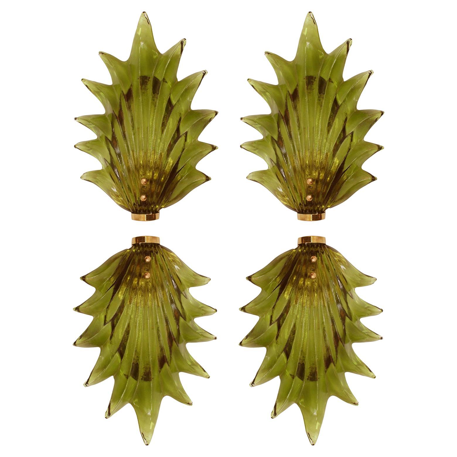 Set di 4 applique floreali in vetro di Murano in verde, illuminazione italiana in vetro artistico