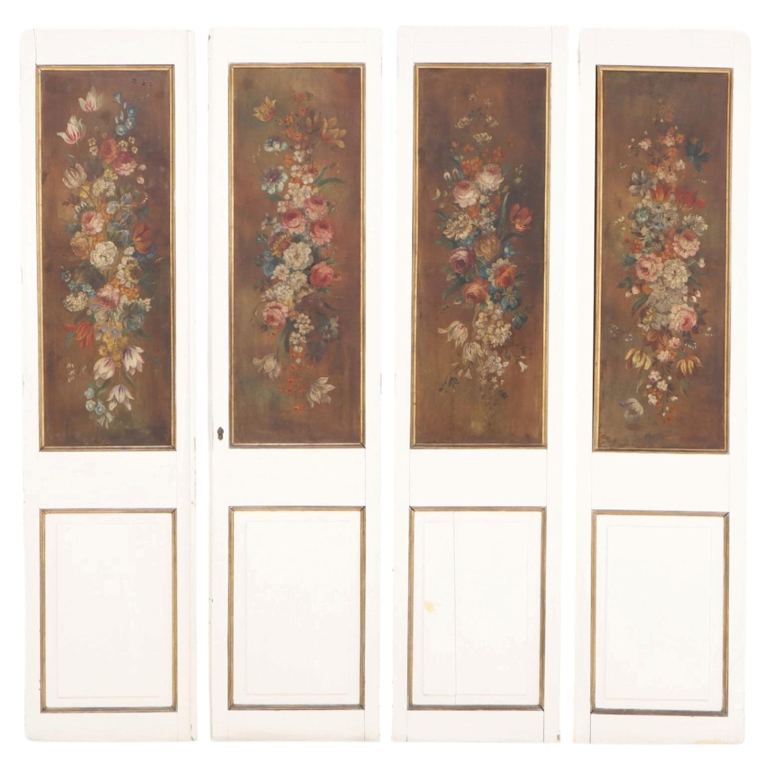 Set of 4 Floral Painted Decorative Wood Panels, C. 1930