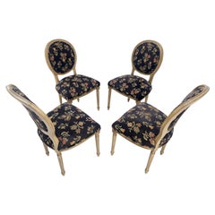 Set of 4 Floral Tapestry Style Upholstery Oval Back Louis XIV Dining Chairs MINT
