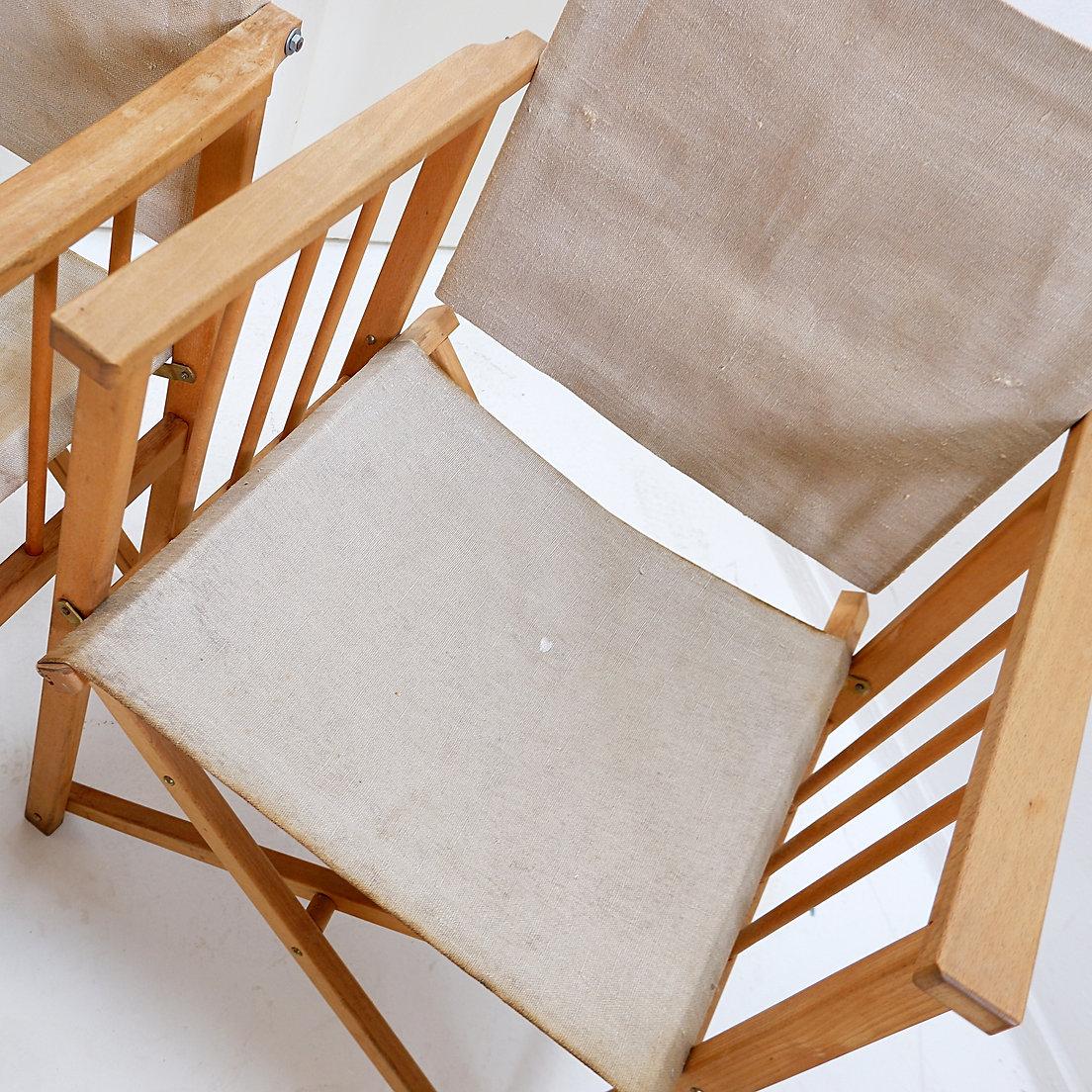 Set of 4 folding chairs in oak and cotton canvas For Sale 5