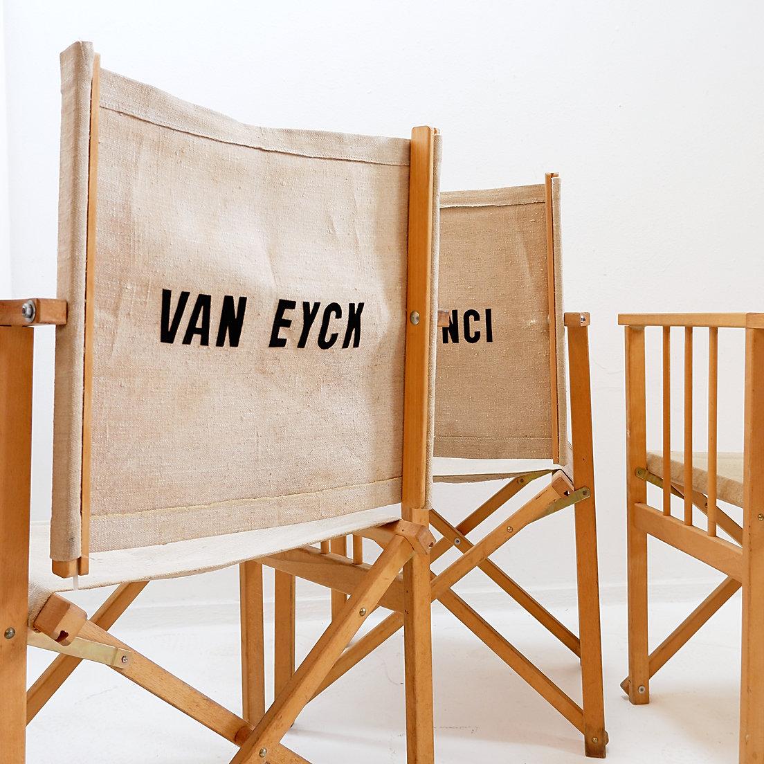 Set of 4 folding chairs in oak and cotton canvas For Sale 9