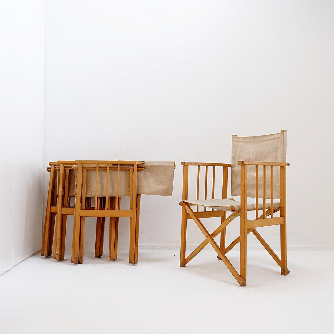 Cotton Set of 4 folding chairs in oak and cotton canvas For Sale